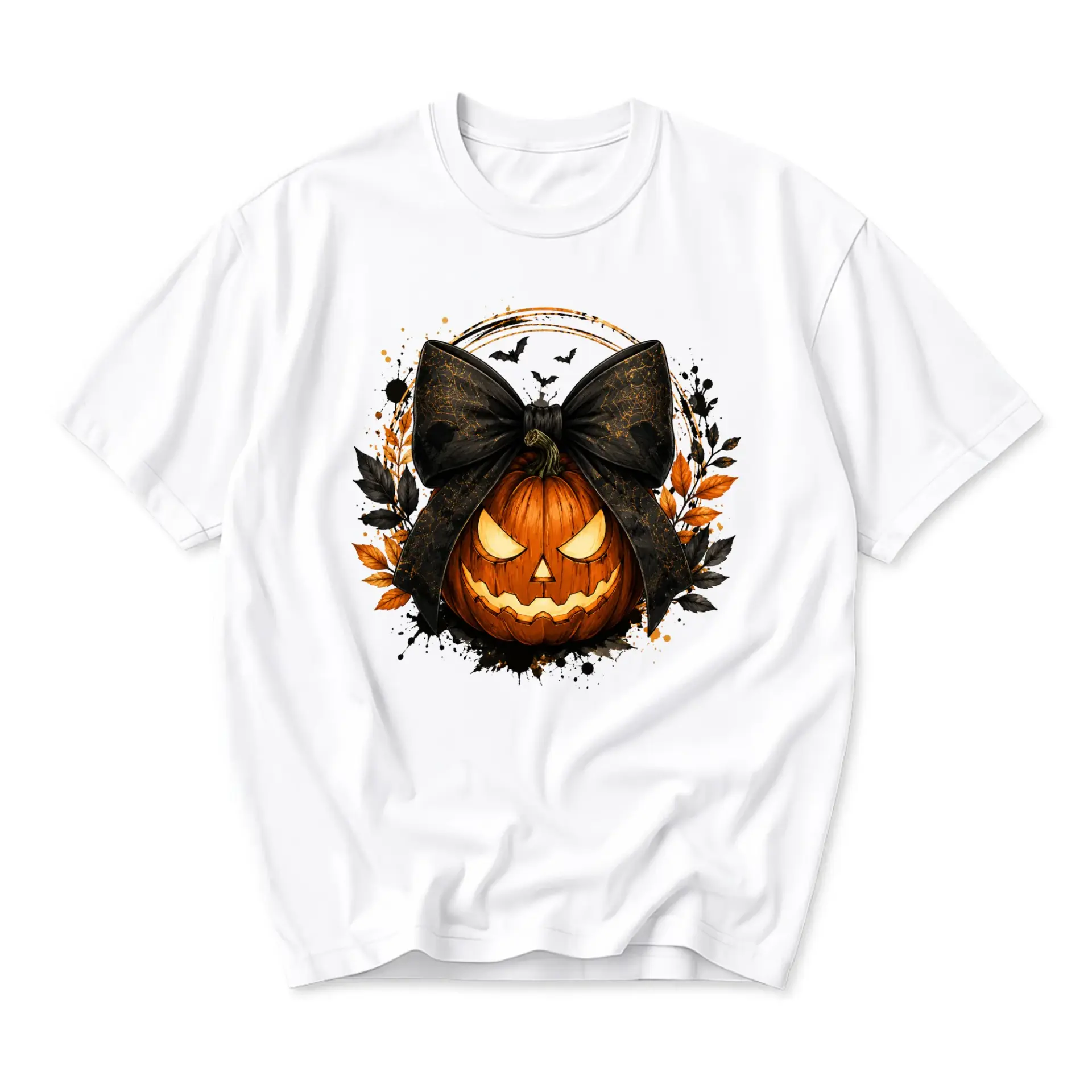 Graphic Tee Pumpkin with Black Bow Art Unisex T-Shirt Halloween Inspired Autumn Apparel for Casual Seasonal Wear