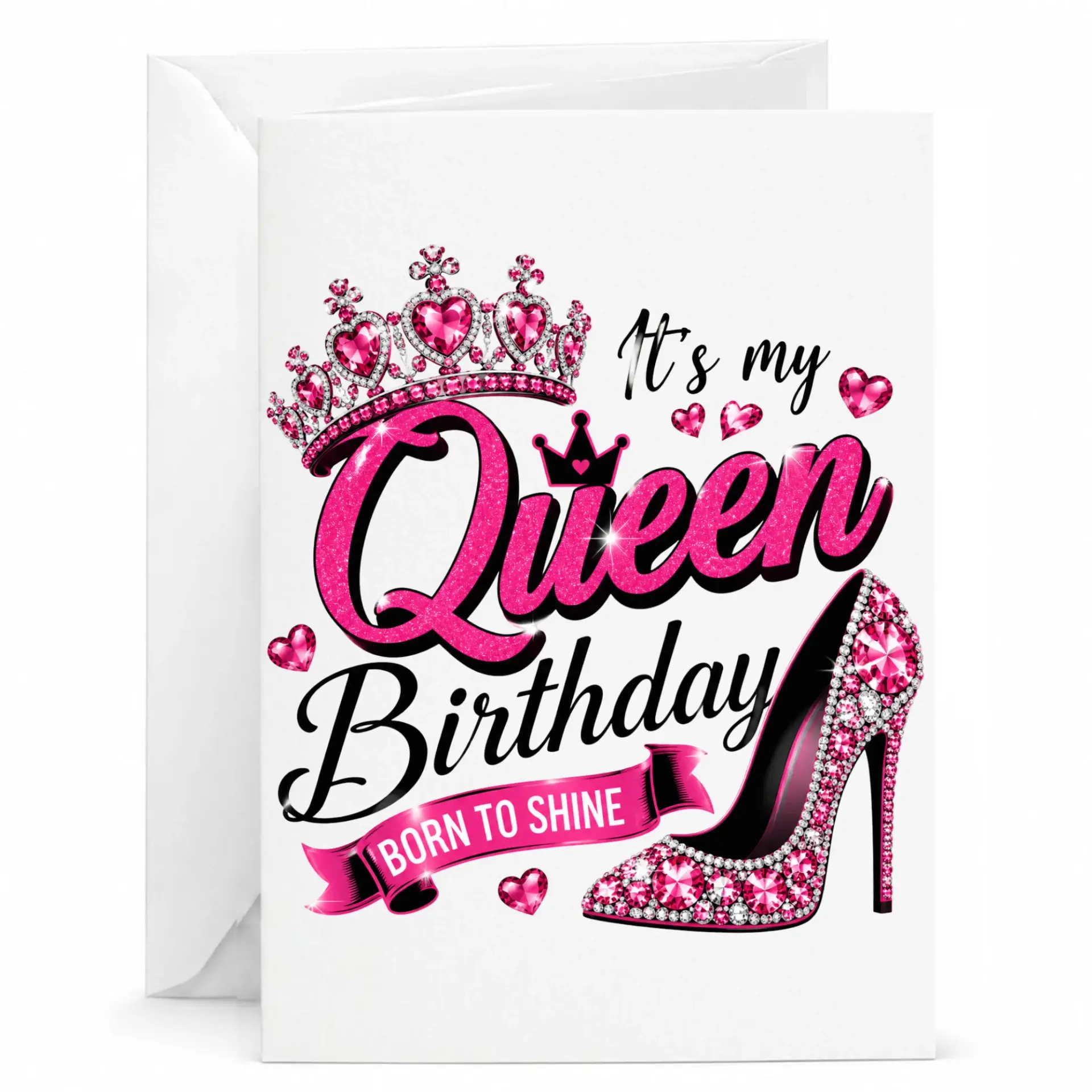Birthday Card for Her Queen Birthday Gift Card Featuring Pink Sparkling Crown and High Heel Shoe Design