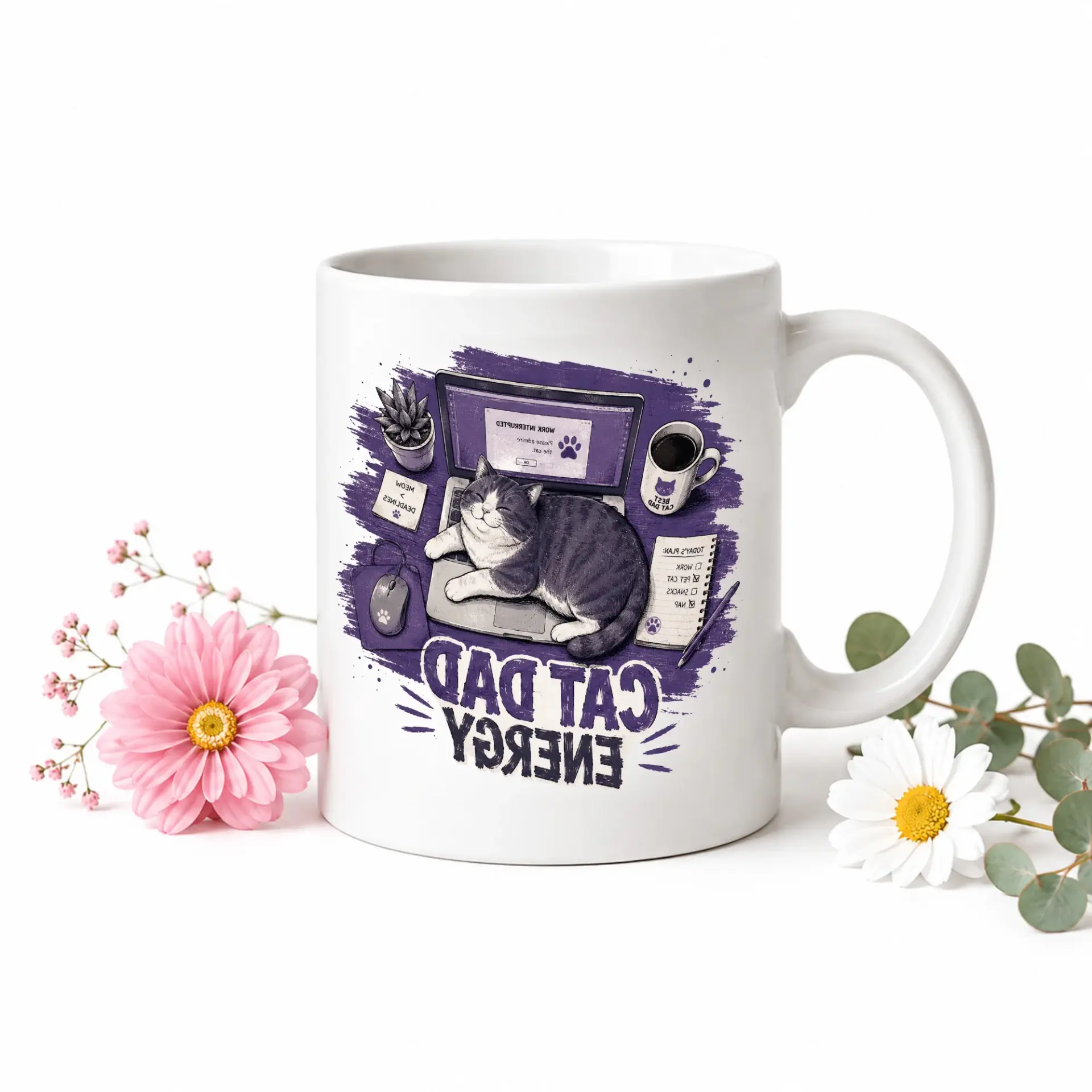 Cat Dad Energy Coffee Mug Funny Office Desk Ceramic Cup Featuring a Sleeping Pet Owner Novelty Drinkware Gift