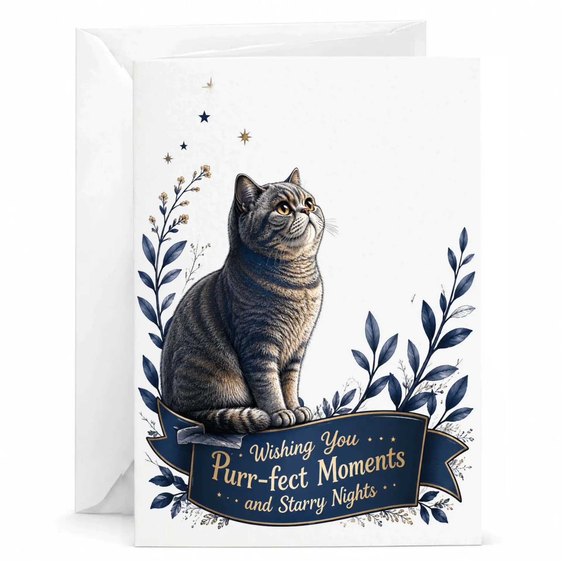 Greeting Card Wishing You Purr-Fect and Starry Nights Featuring Cute Tabby Cat Illustration for Any Occasion