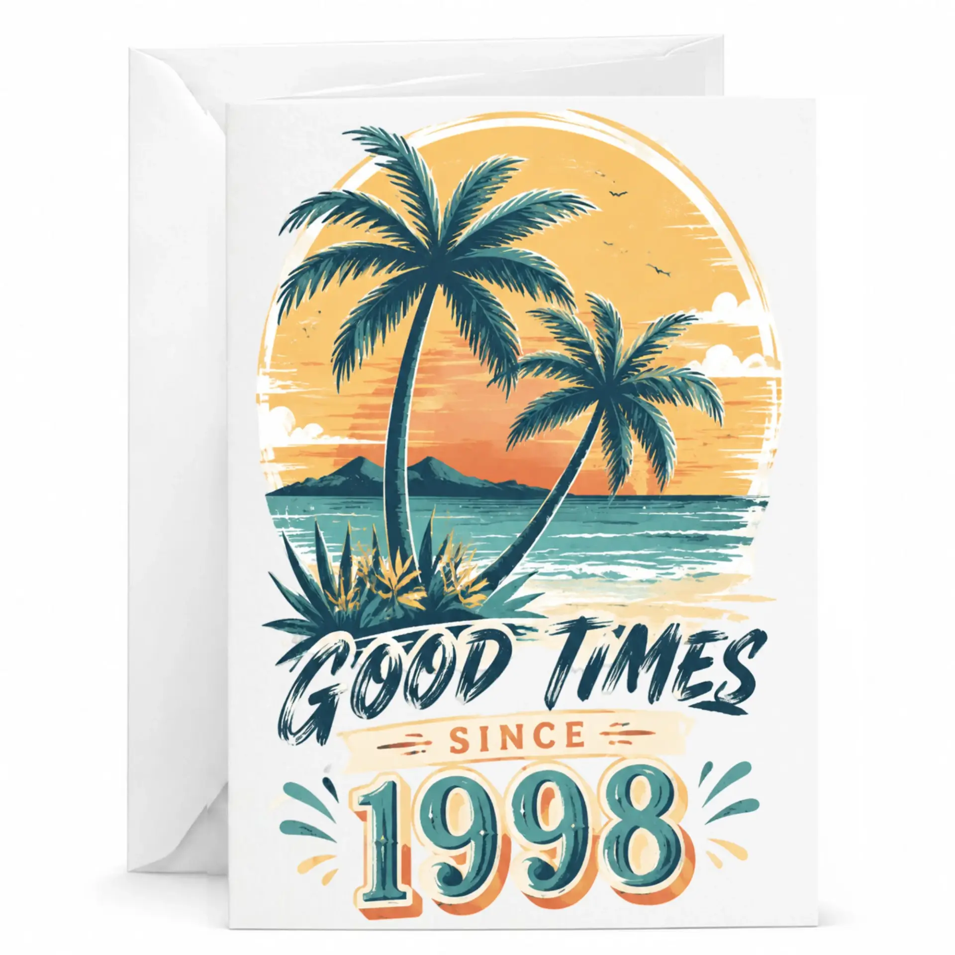 Greeting Card Good Times Since 1998 Vintage Tropical Sunset Beach Theme Birthday Celebration Note for Friends and Family