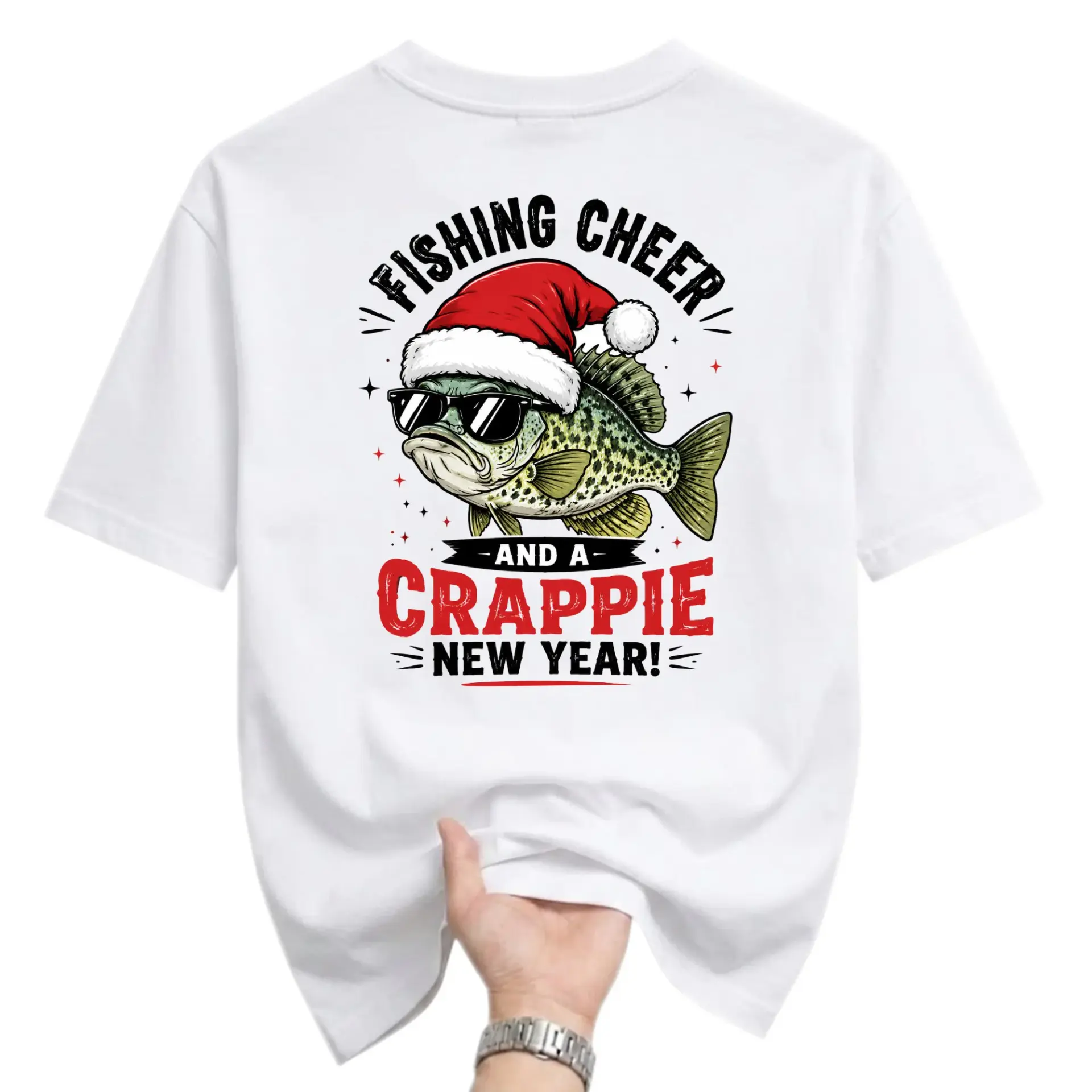 Funny Shirt Fishing Cheer and a Crappie New Year Graphic Tee Unisex Crew Neck Casual Holiday Apparel