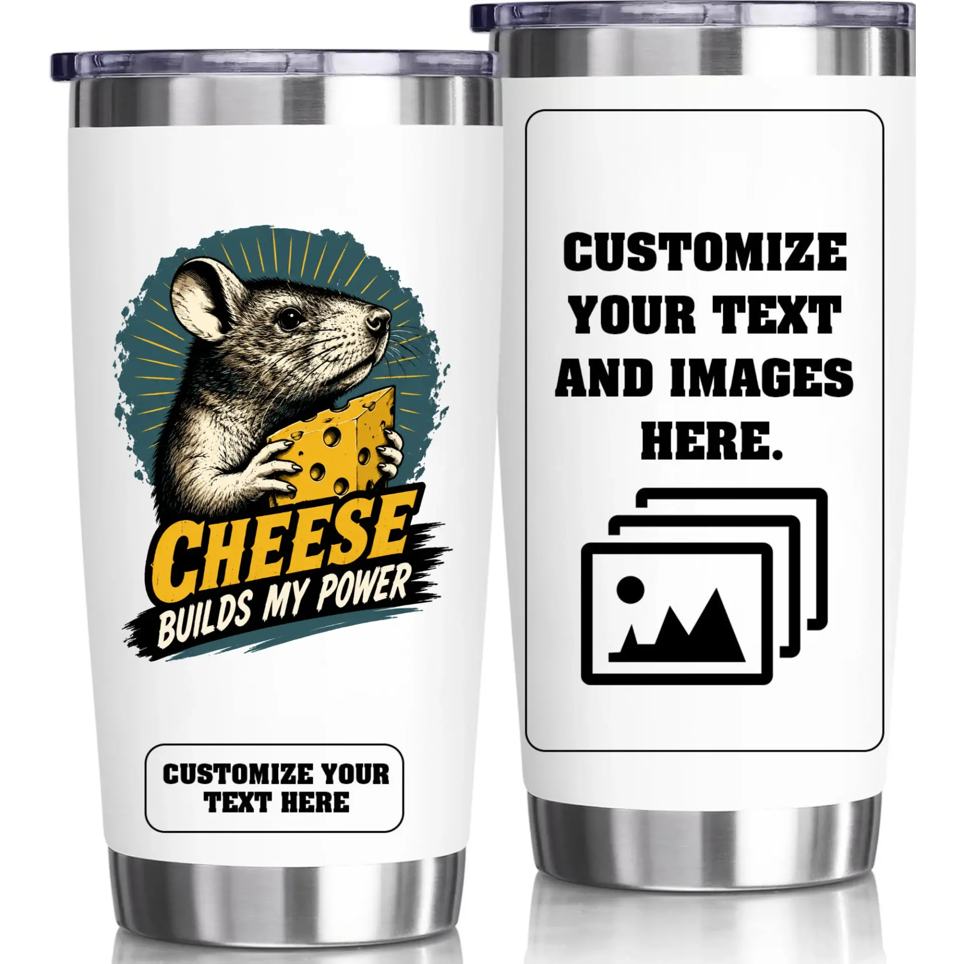 Stainless Steel Tumbler 20oz Vacuum Insulated Travel Mug Personalized Mouse and Cheese Design for Hot and Cold Drinks