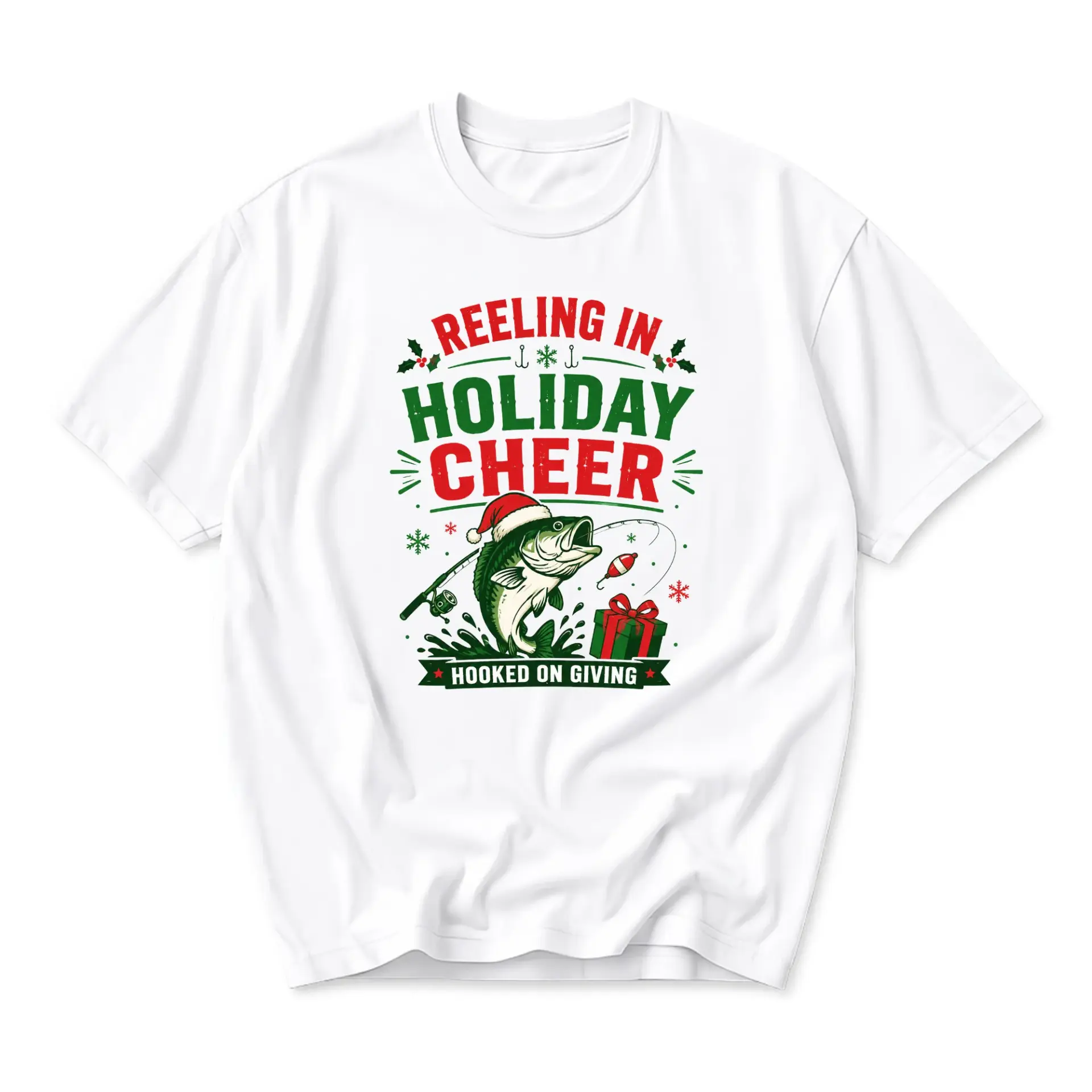 Funny Shirt Reeling in Holiday Cheer Graphic Tee Christmas Fishing Lover
