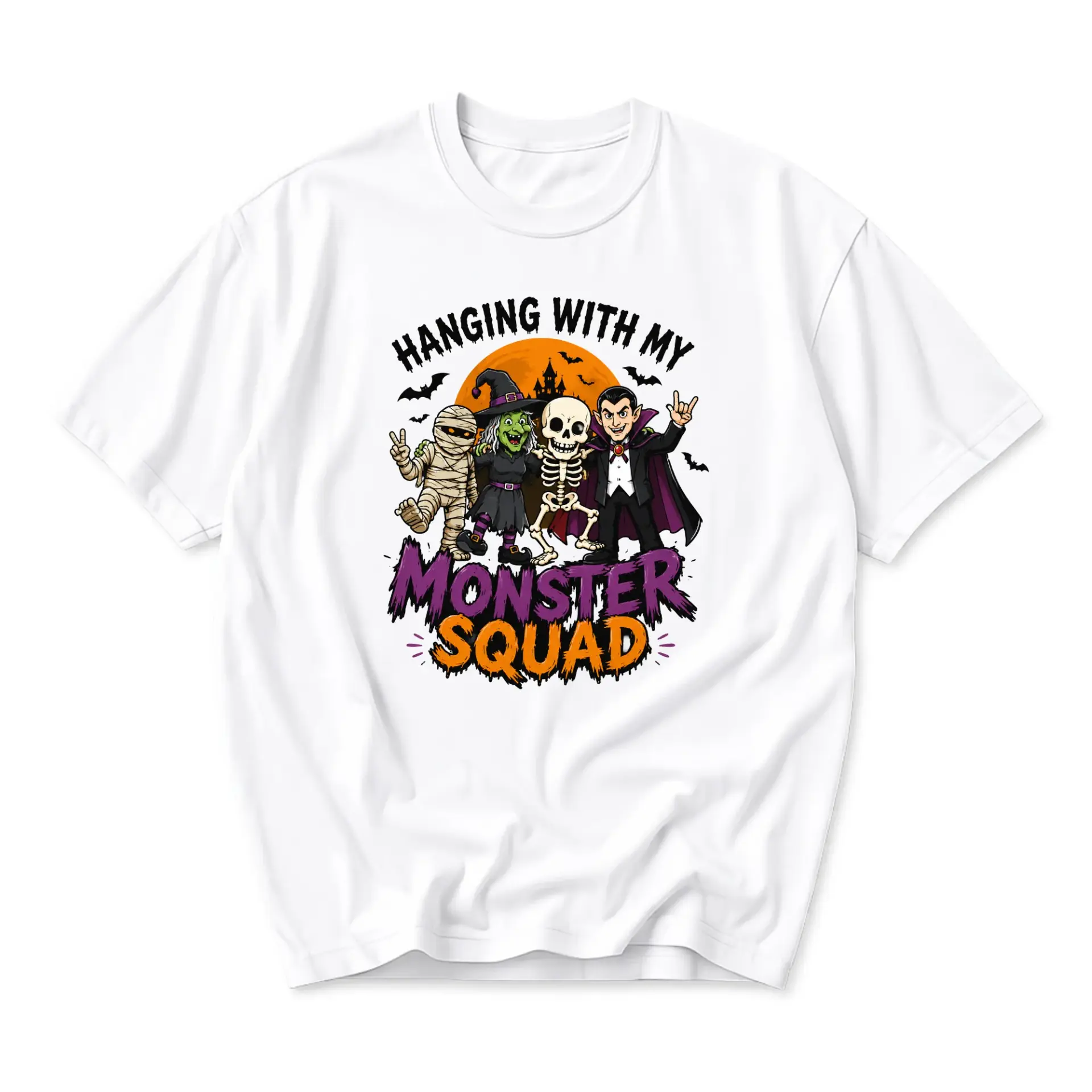 Graphic Tee Hanging with My Monster Squad Unisex T-Shirt Halloween Party Outfit Casual Cotton Crew Neck Top