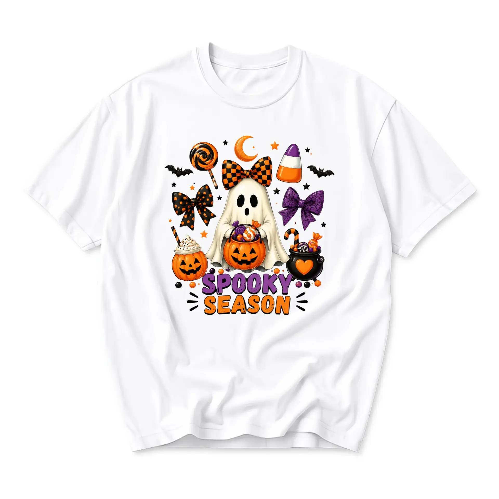 Graphic Tee Spooky Season Halloween Ghost Shirt Unisex Crew Neck Short Sleeve Cotton Blend Casual Holiday Top White