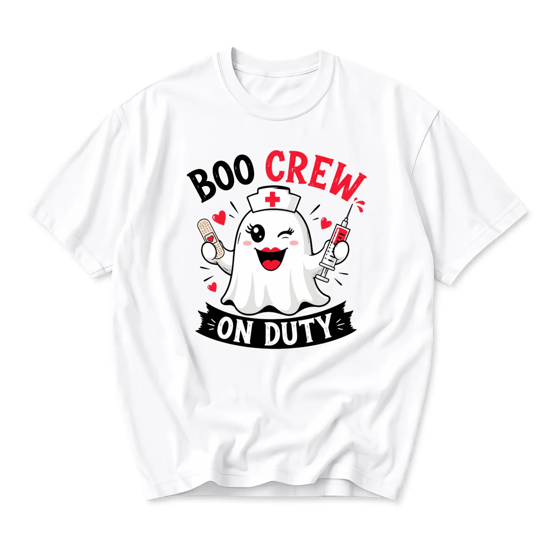 Funny Shirt Boo Crew on Duty Graphic Tee Nurse Ghost Halloween Unisex Casual Cotton Crew Neck Short Sleeve Top