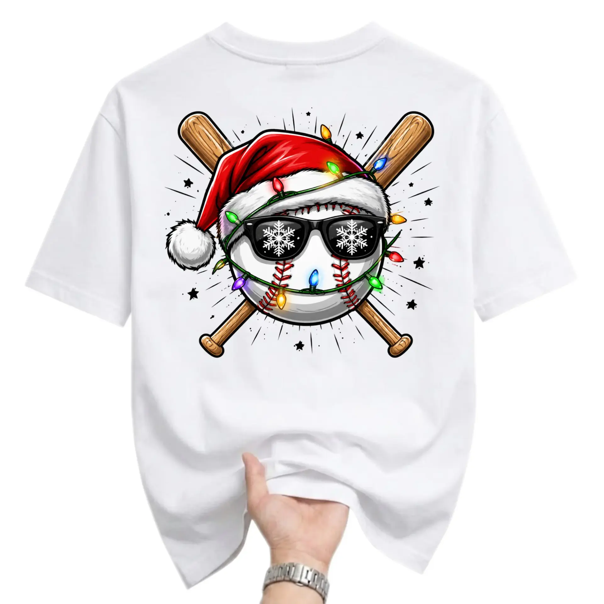 Funny Shirt Christmas Baseball Graphic Tee for Sports Fans Featuring a Santa Hat and Holiday Lights Print Casual Top