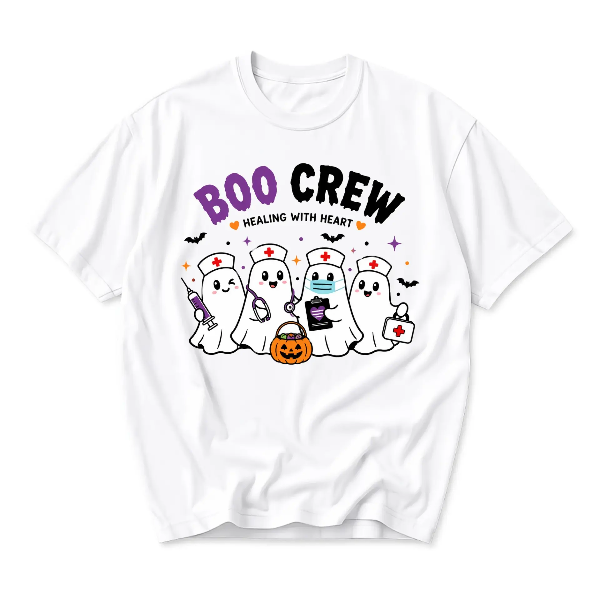 Graphic Tee Boo Crew Healing with Heart Funny Halloween Nurse Ghost Unisex Shirt Casual Crew Neck Apparel White T-Shirt