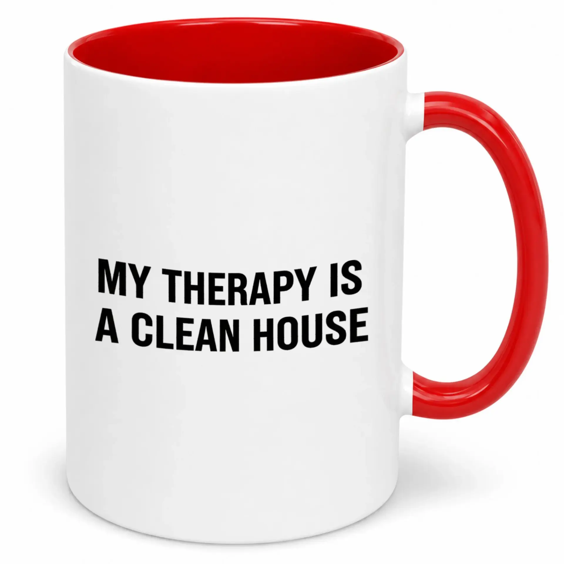 Funny Cleaning Lover Coffee Mug "my Therapy Is a Clean House" Two-Tone Ceramic Tea Cup with Red Handle and Interior for Home Office Kitchen Decor