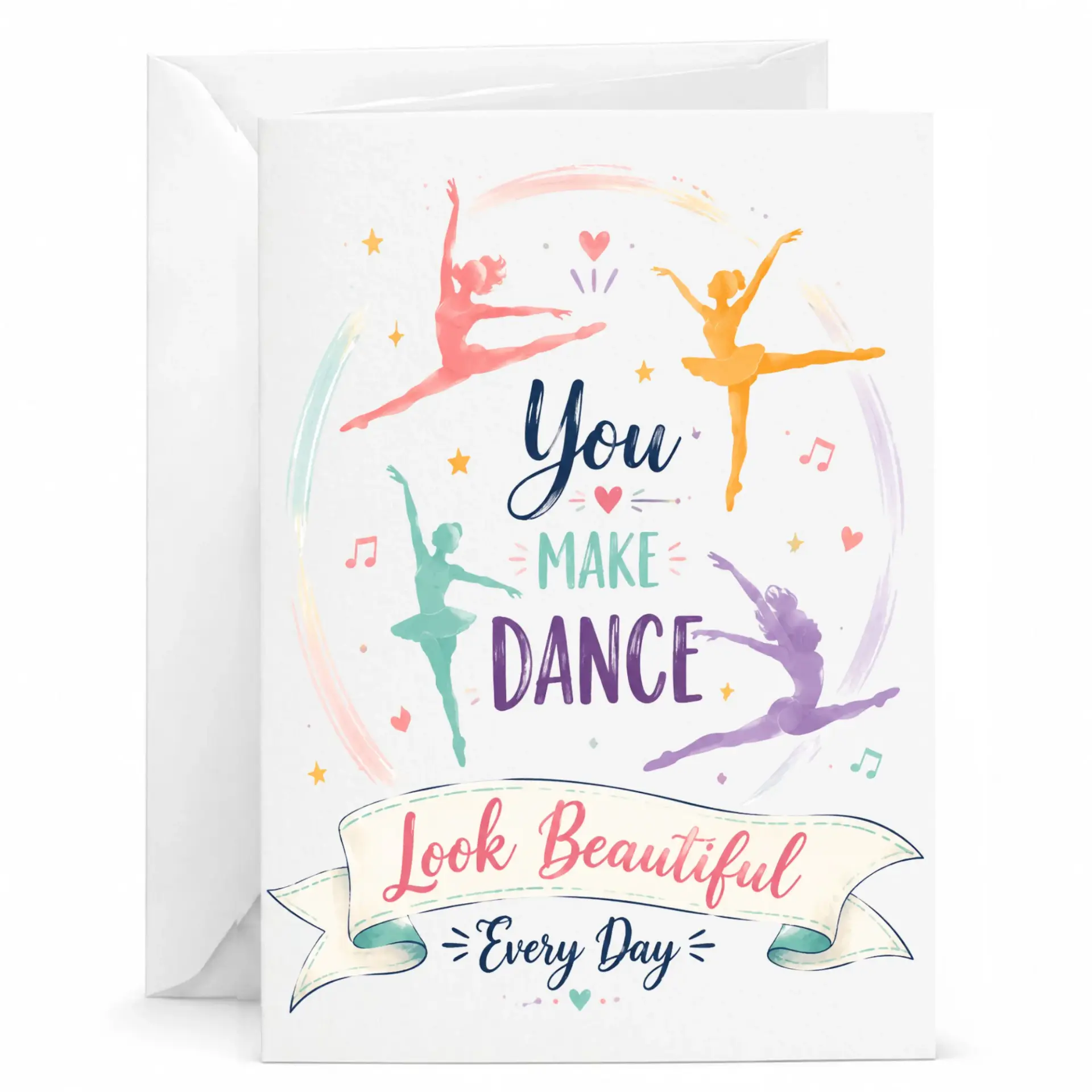 Greeting Card with Ballerina Design for Encouragement and Featuring Colorful Watercolor Dance Figures