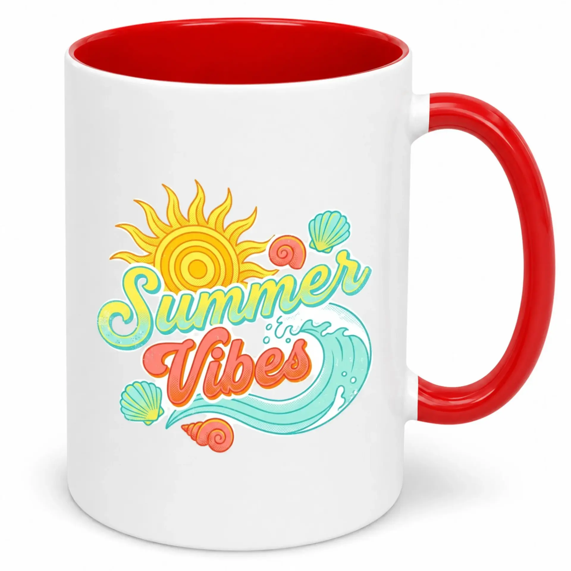 Summer Vibes Ceramic Coffee Mug with Bright Sun, Ocean Wave, and Seashell Design, 11oz or 15oz White Glossy Finish Drinkware