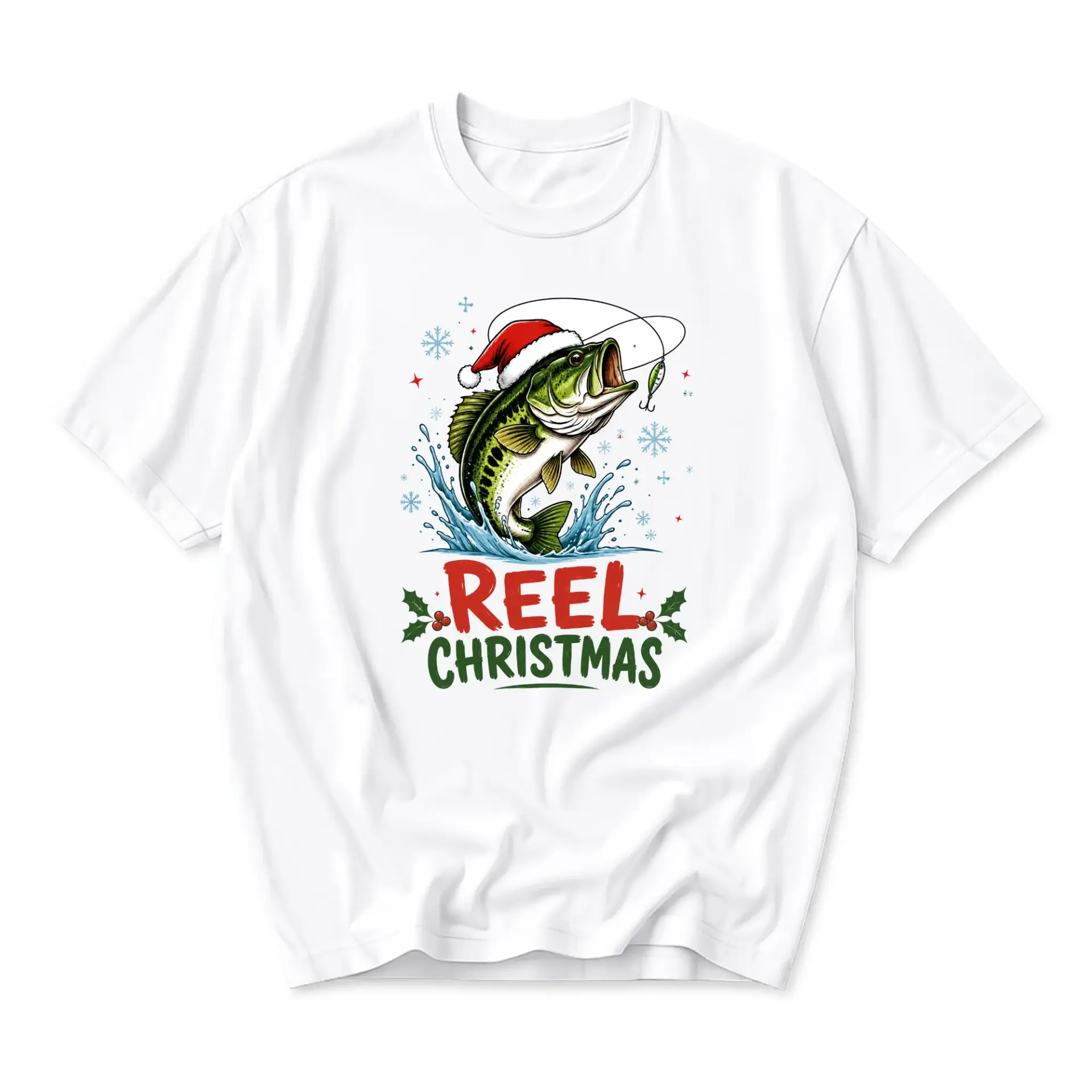 Funny Shirt Reel Christmas Fishing Graphic Tee Holiday Season Unisex Crew Neck Casual Everyday Wear Soft Cotton Top