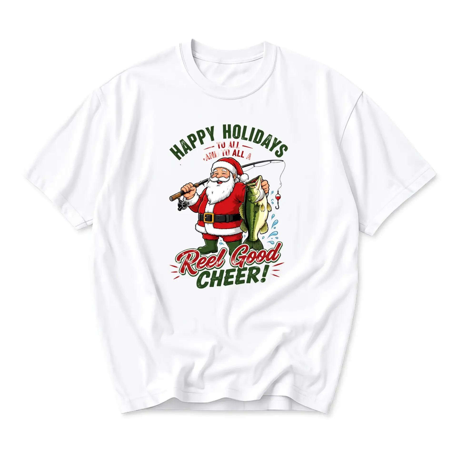 Funny Shirt Happy Holidays Reel Good Cheer Santa Fishing Graphic Tee Unisex Casual Crew Neck Comfortable Cotton Blend