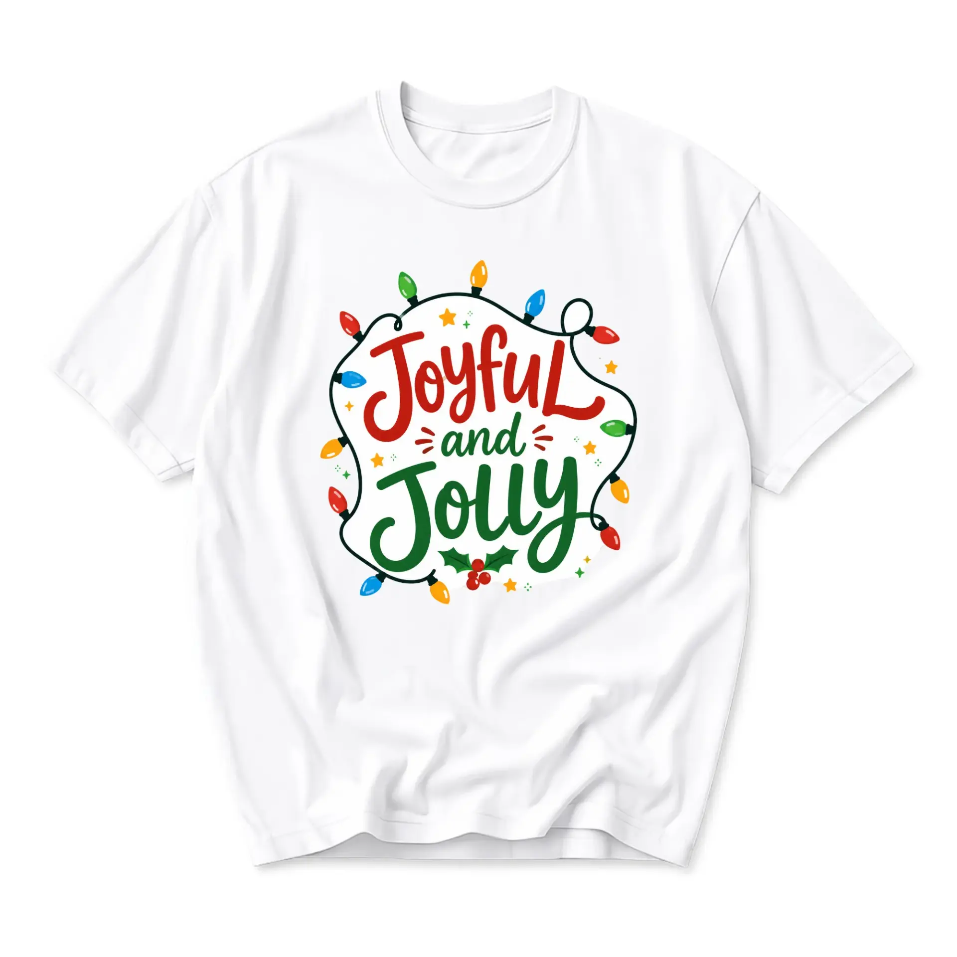 Graphic Tee Joyful and Jolly Holiday Christmas Lights Print Unisex Crew Neck Short Sleeve Casual Cotton Blend Shirt