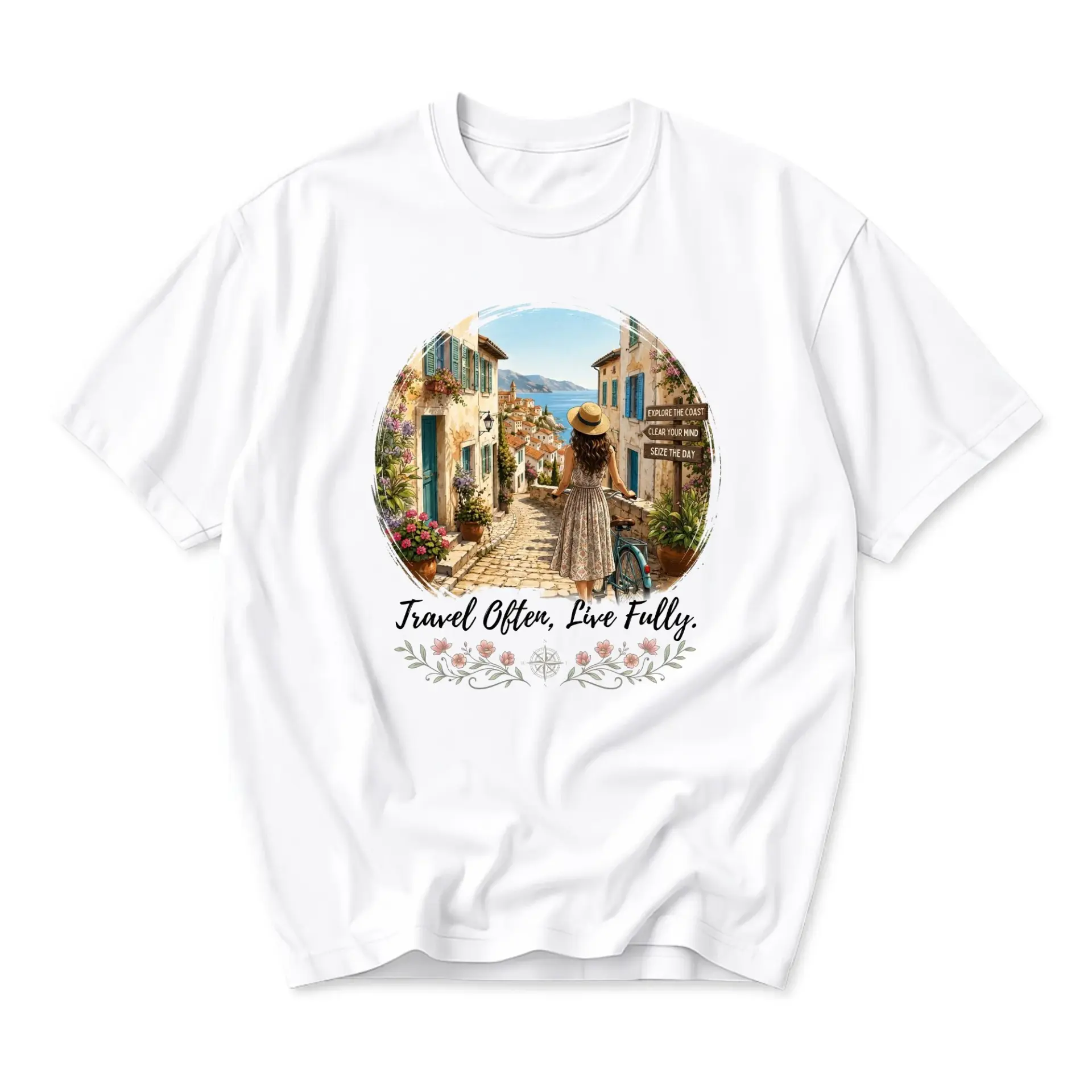 Graphic Tee Travel Often Live Fully Mediterranean Coastal Town Aesthetic Unisex Short Sleeve Crew Neck Summer Top