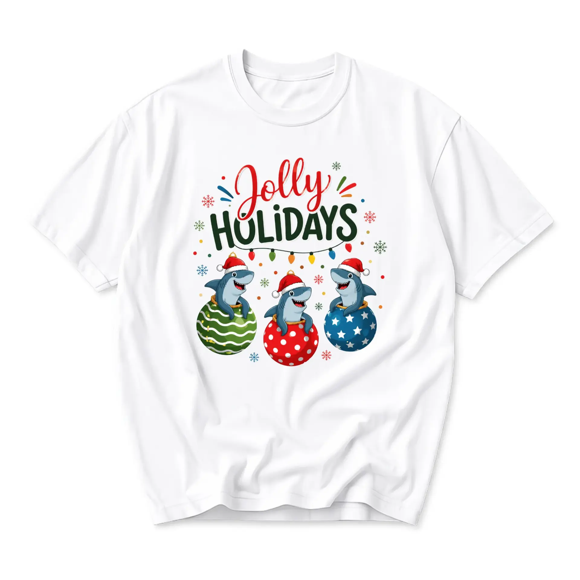 Funny Shirt Jolly Holidays Shark Christmas Graphic Tee Unisex Crew Neck Casual Cotton Blend Apparel for Seasonal Outfit