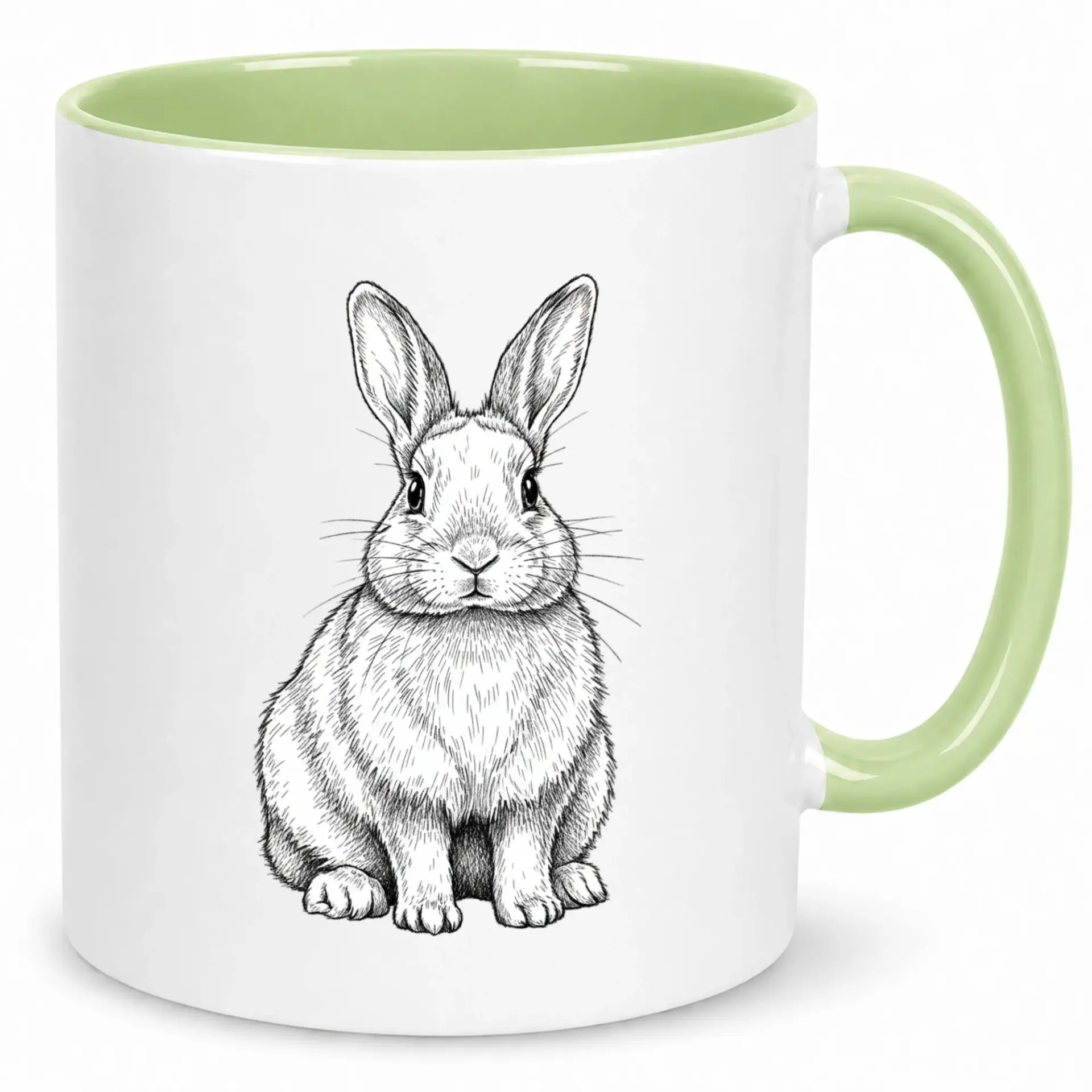 Coffee Mug with Cute Drawing Design White Ceramic Green Handle and Interior Animal Lover Beverage Cup 11oz or 15oz