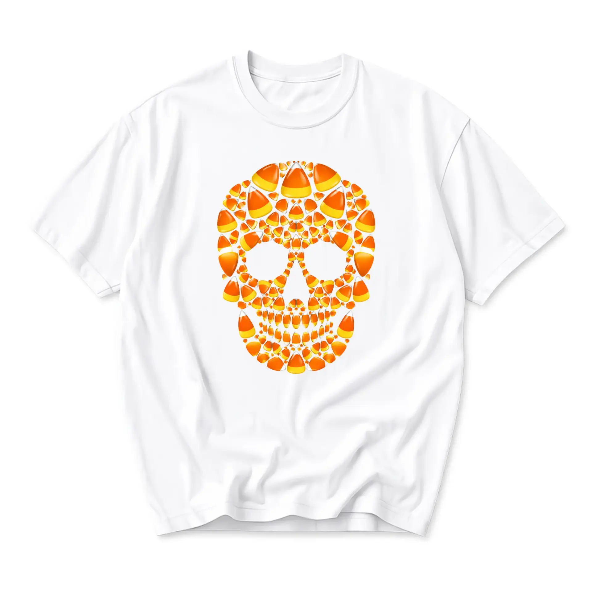 Graphic Tee Candy Corn Skull Print Unisex Short Sleeve Crew Neck Cotton Casual T-Shirt for Seasonal Holiday Wear