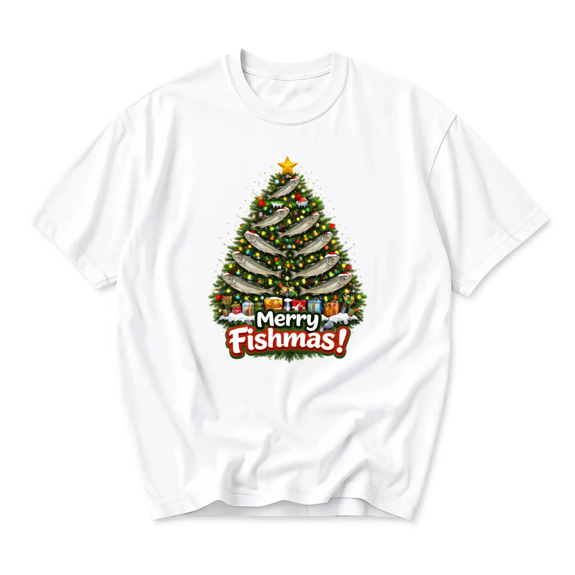 Funny Shirt Merry Fishmas Holiday Graphic Tee Unisex Short Sleeve Crew Neck Seasonal Apparel for Casual Wear