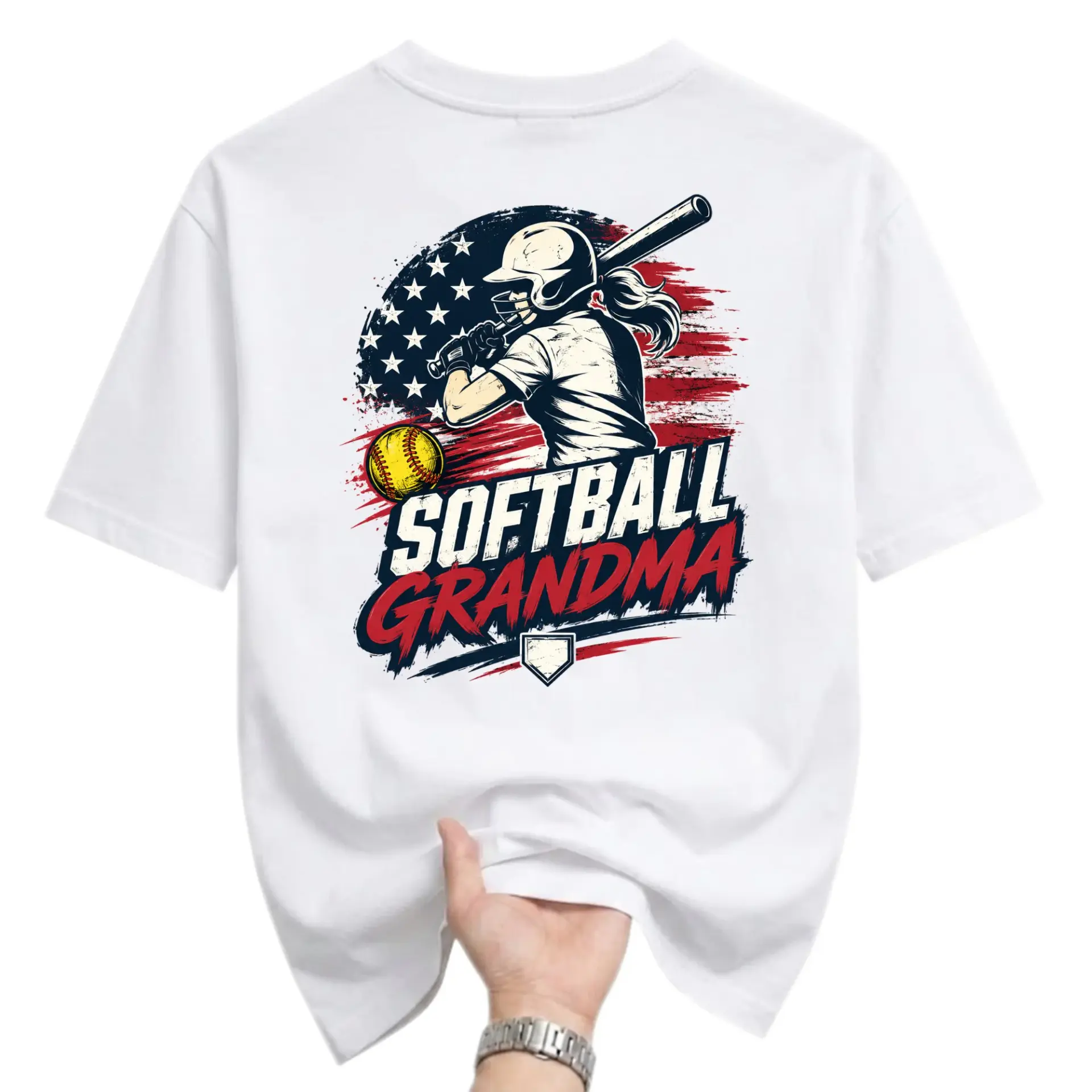 Graphic Tee Softball Grandma Patriotic Sport T-Shirt Unisex Casual Crew Neck Apparel for Athletic Enthusiasts White