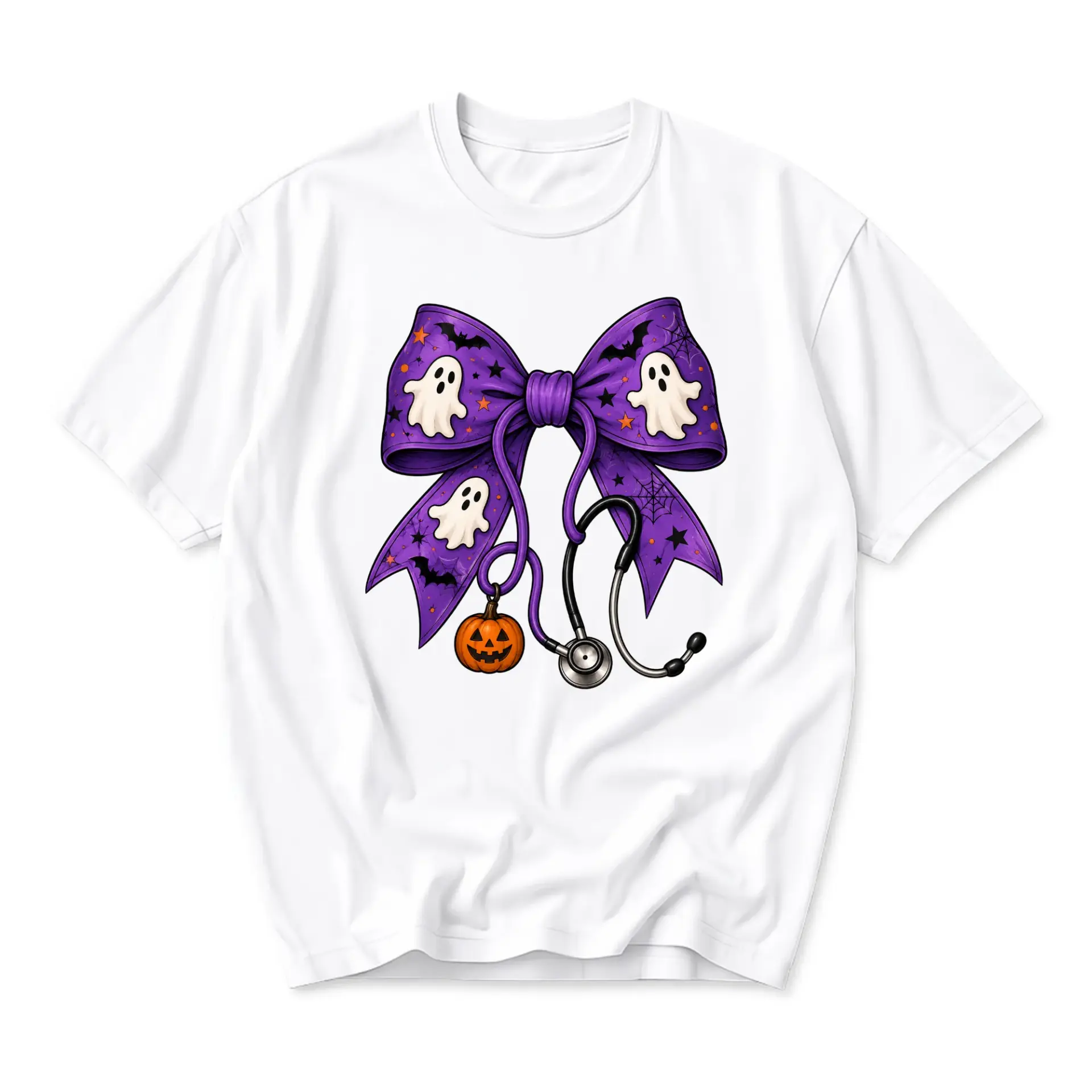 Graphic Tee Halloween Medical Stethoscope Purple Bow Shirt Spooky Pumpkin Ghost Unisex Casual Crew Neck T-Shirt