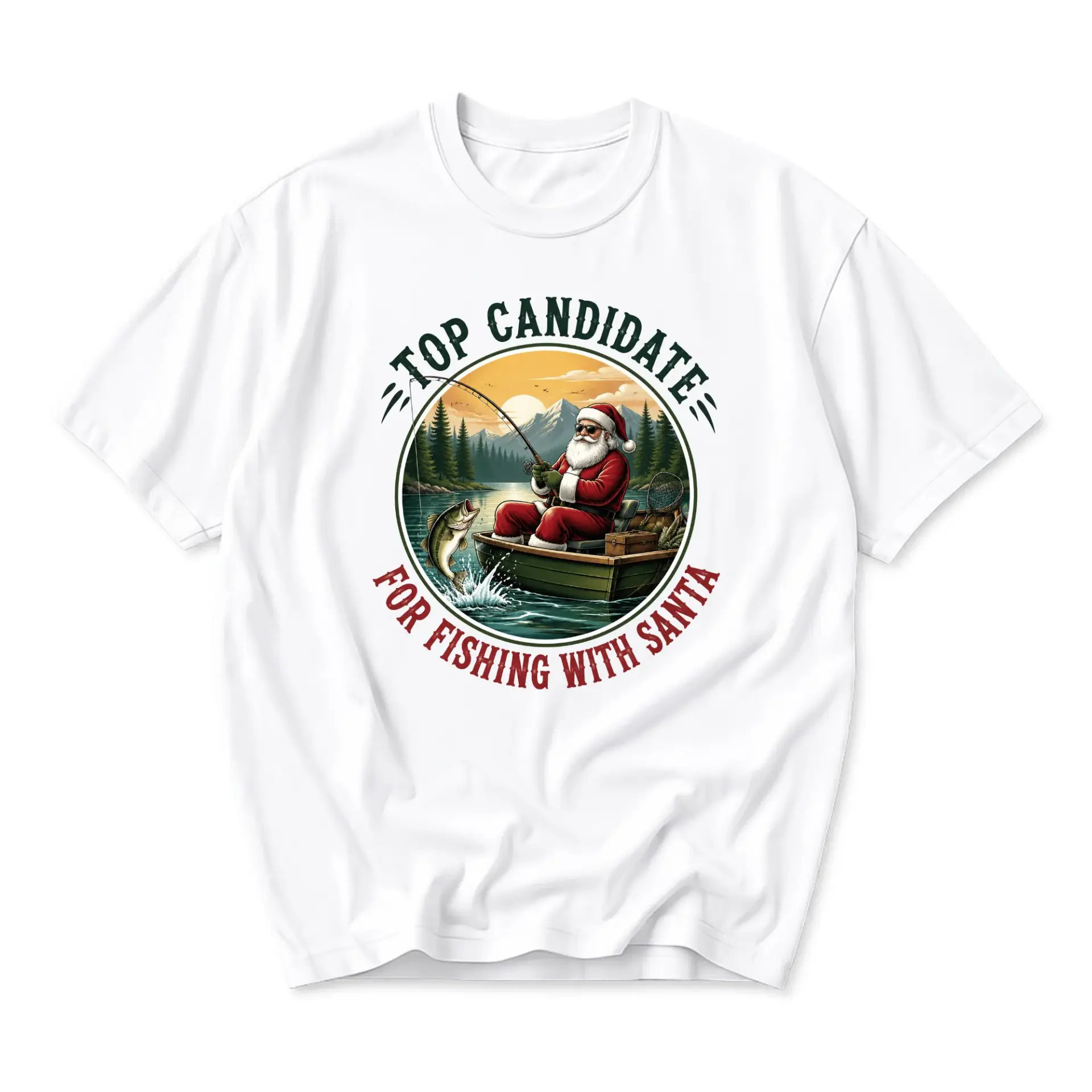 Funny Shirt Top Candidate for Fishing with Santa Graphic Tee Unisex Crew Neck Short Sleeve Casual Holiday Apparel