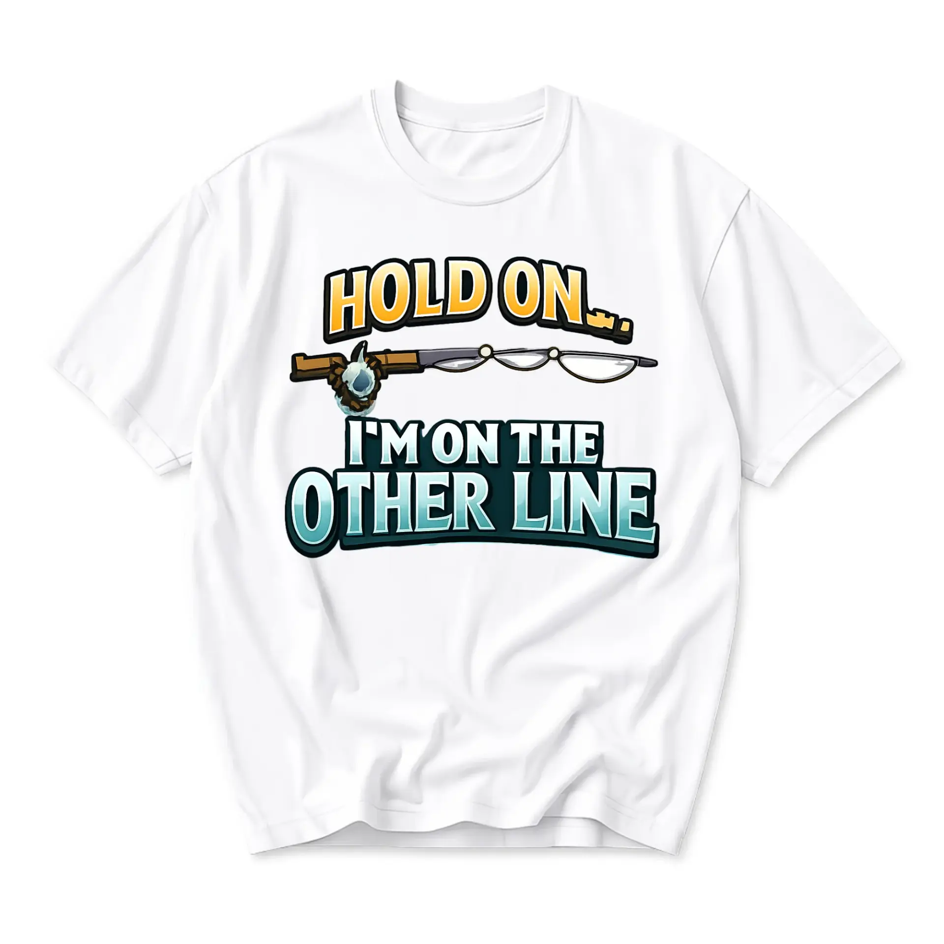 Funny Shirt Hold on I Am on Fishing Graphic Tee Casual Unisex Crew Neck
