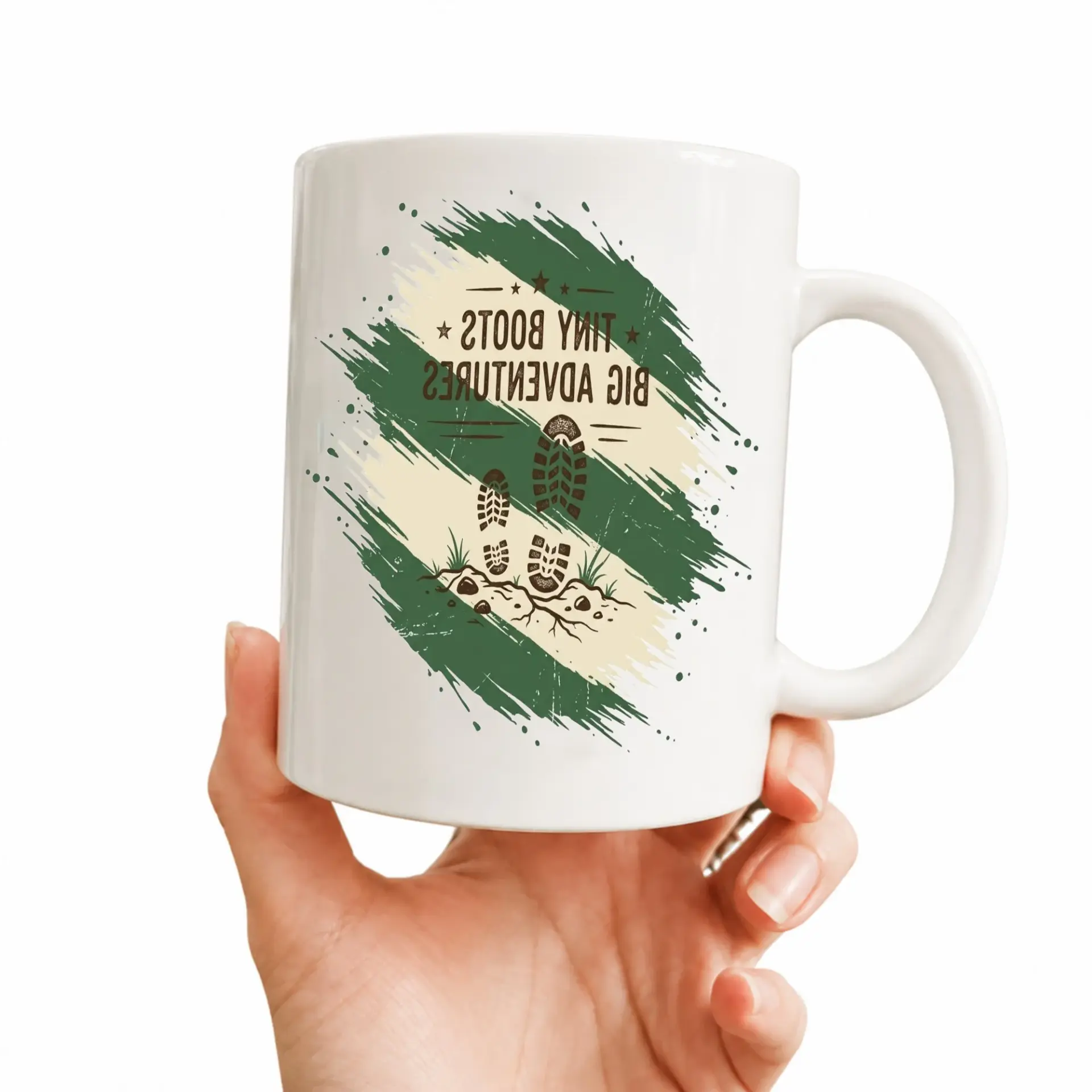 Travel Themed Ceramic Coffee Mug Featuring Tiny Big Adventures Graphic Design with Blue Handle and Rim