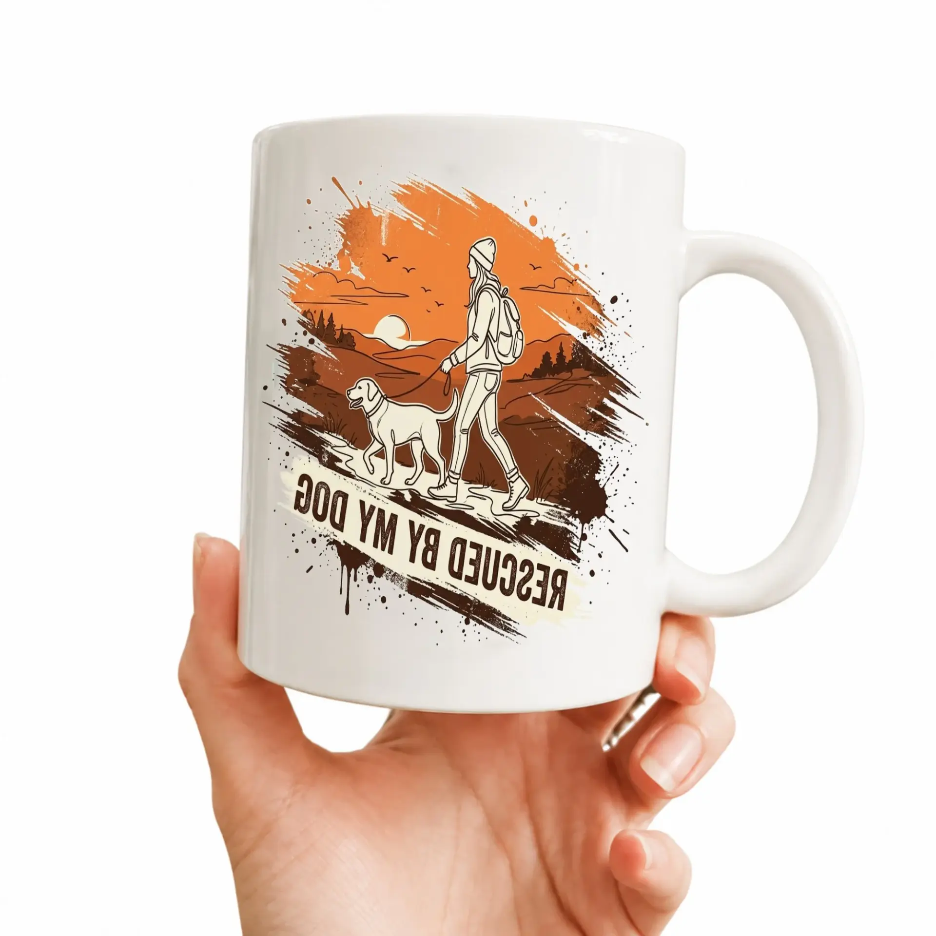 Dog Lover Ceramic Coffee Mug Featuring a Hiking Woman and Her Canine with a Rescued by My Graphic Design