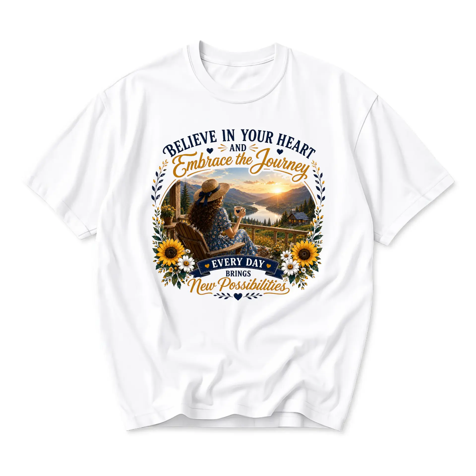 Graphic Tee Believe in Your Heart Embrace the Journey Inspirational Sunflower Nature Mountain Sunset Print T-Shirt