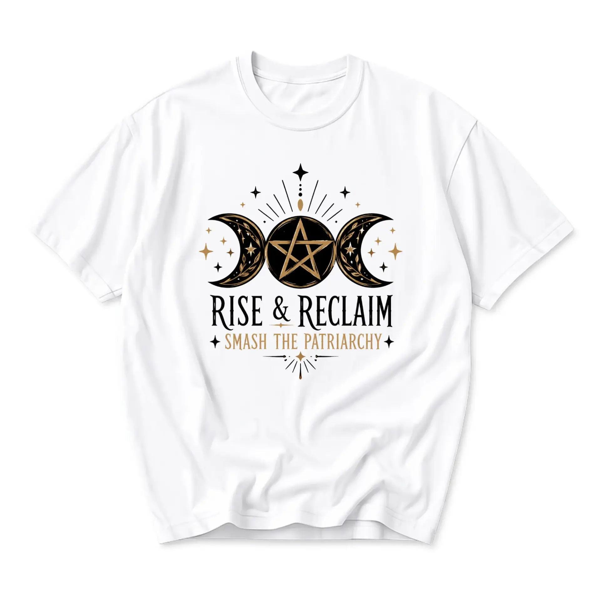 Graphic Tee Rise and Reclaim Celestial Pentagram Symbolism Unisex Crew Neck Casual Everyday Statement Top White