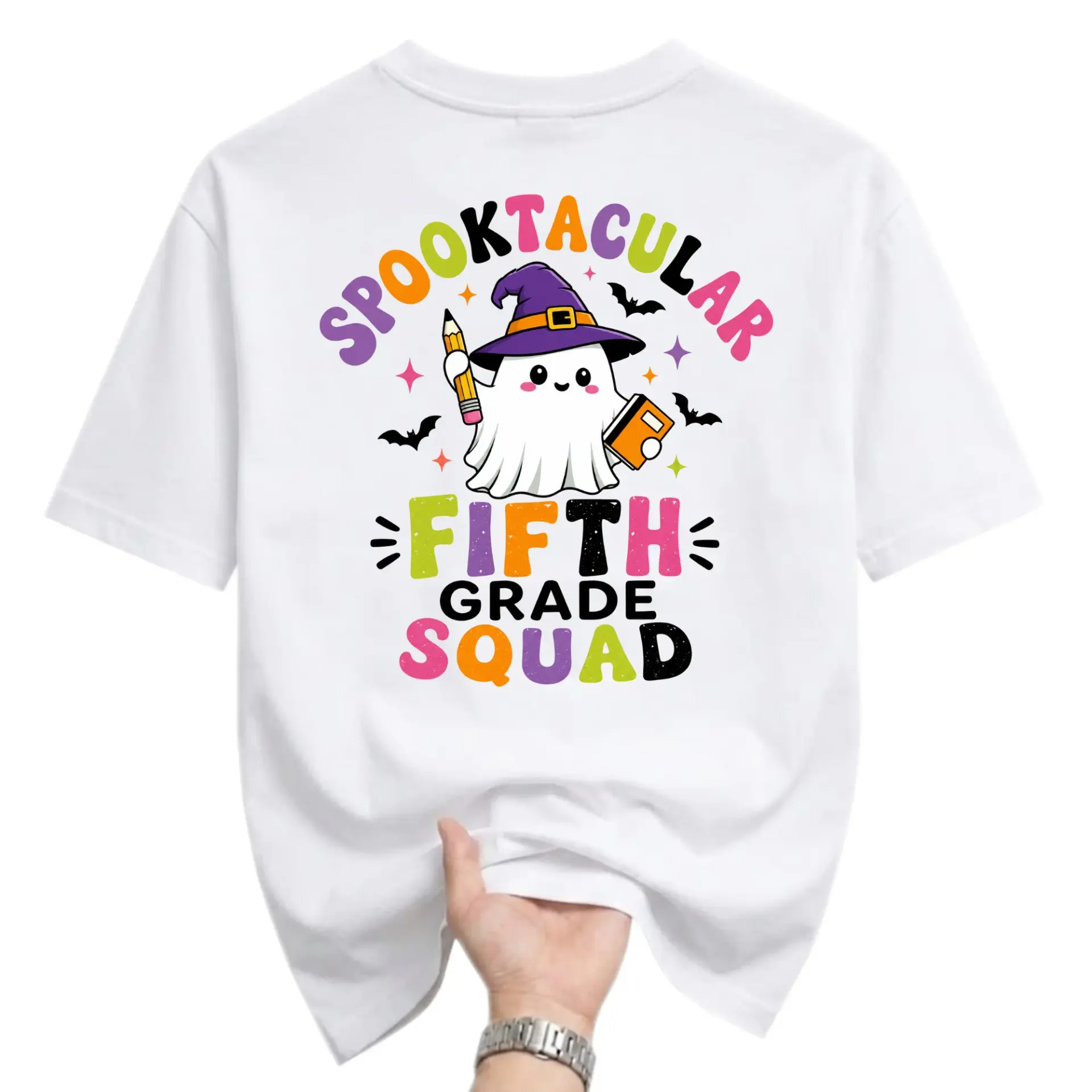 Graphic Tee Spooktacular Fifth Grade Squad Halloween Ghost T-Shirt Unisex Casual Everyday Crew Neck Short Sleeve Shirt