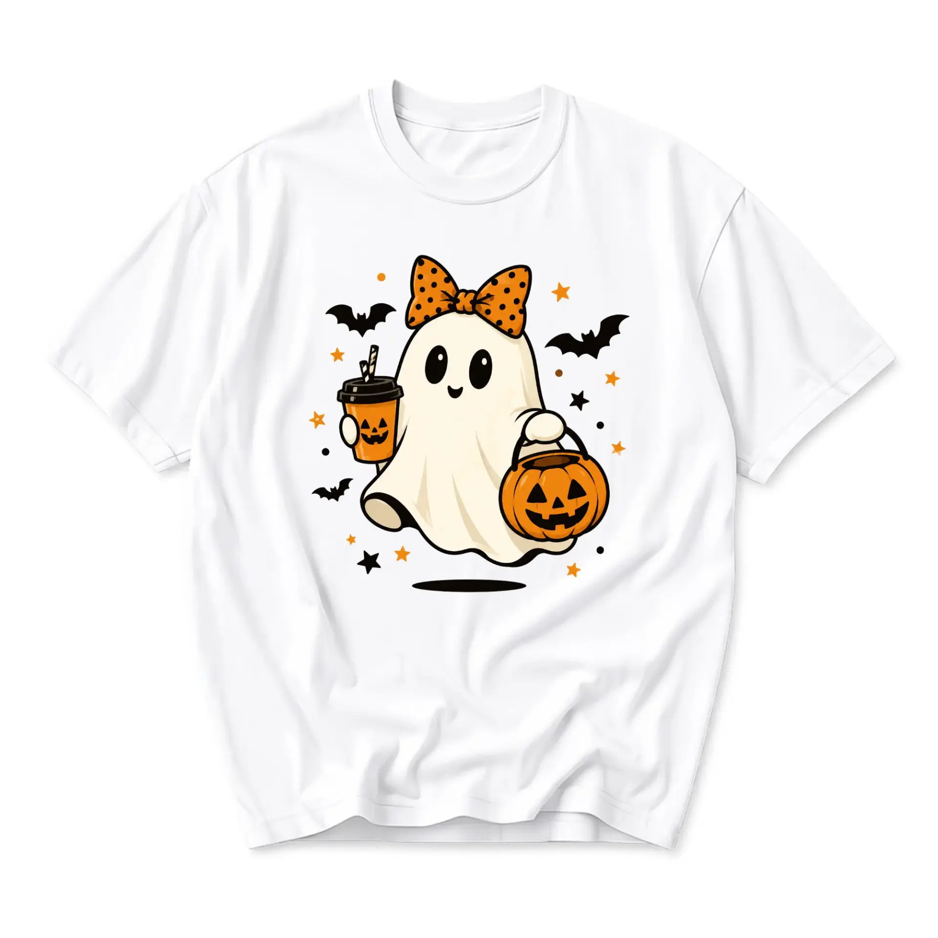 Graphic Tee Cute Ghost Wearing Polka Dot Bow Holding Pumpkin Bucket and Coffee Cup for Fall Autumn Seasonal Wear