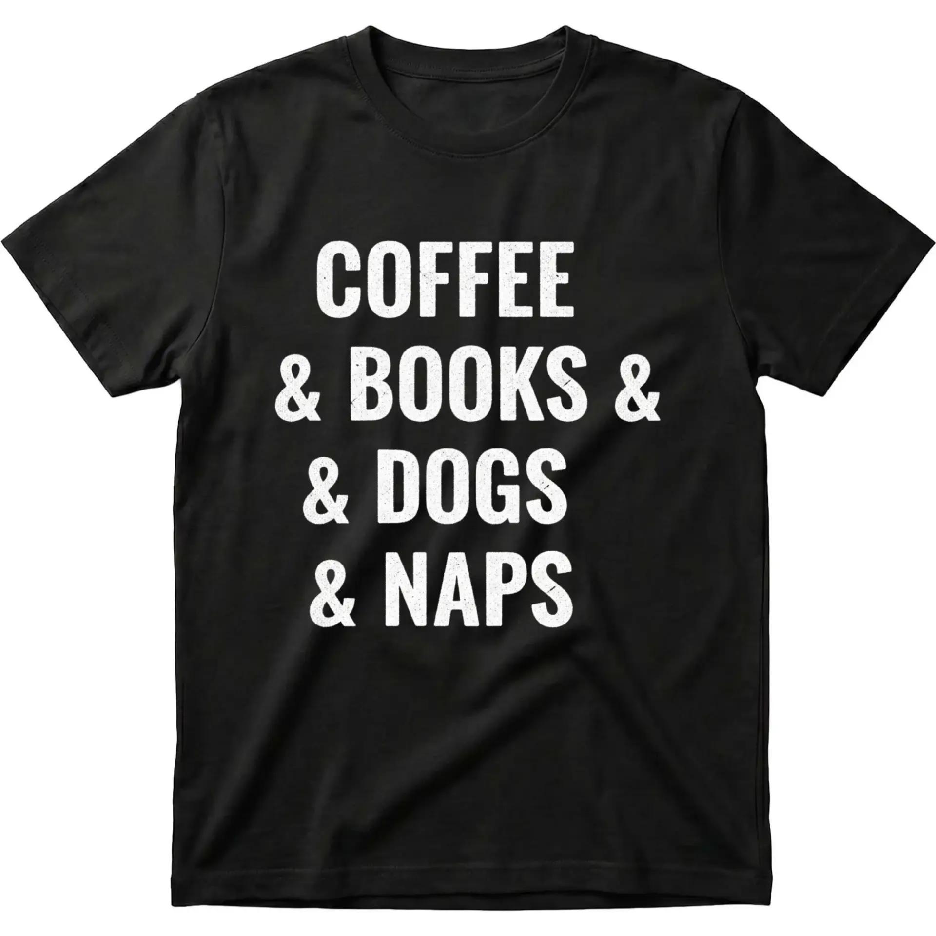 Funny Graphic Tee Coffee Books Dogs Naps Unisex Crew Neck T-Shirt for Casual Everyday Wear and Expression
