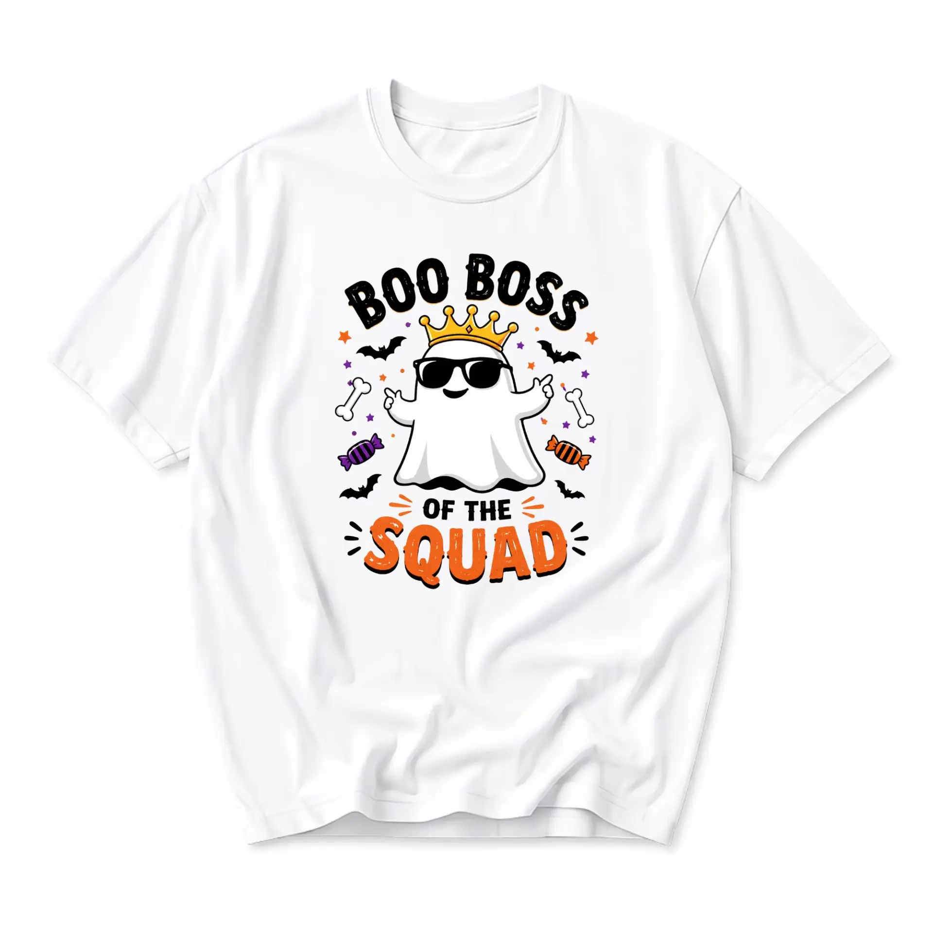 Funny Shirt Boo Boss of the Squad Graphic Tee Unisex Crew Neck Casual Everyday Wear Soft Cotton Blend White T-Shirt