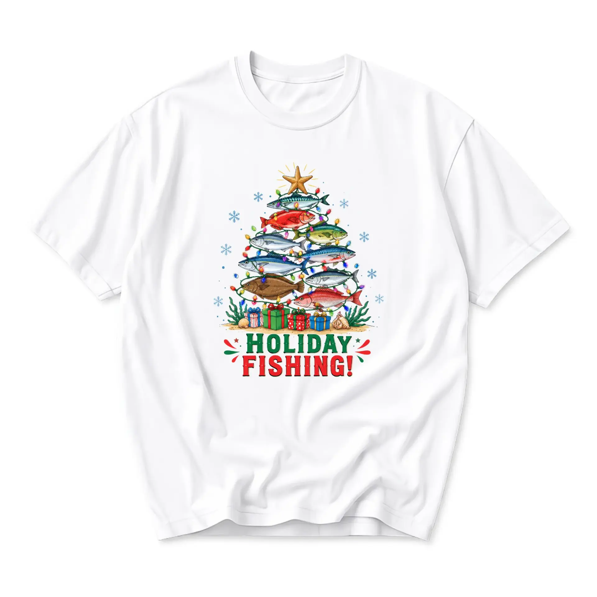 Graphic Tee Holiday Fishing Christmas Tree Design Unisex Cotton Crew Neck Casual Short Sleeve Apparel White Shirt