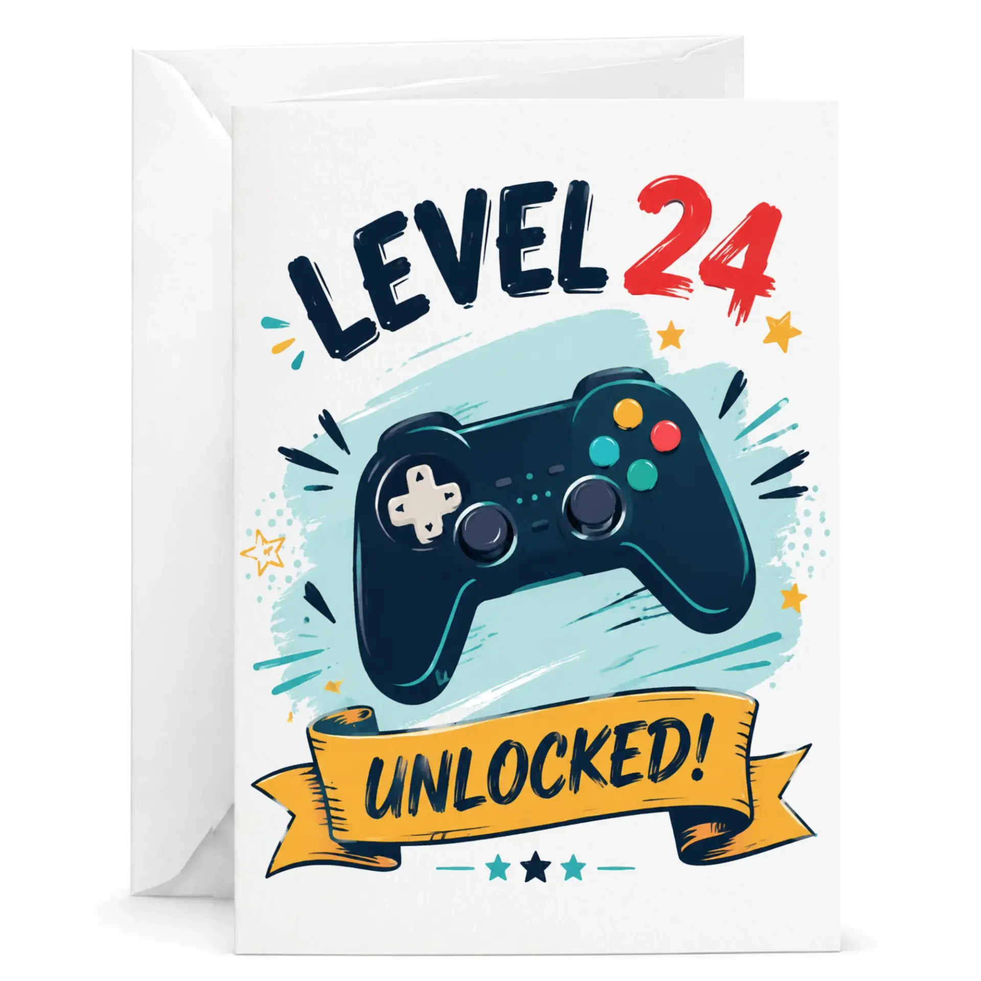 Birthday Card Level 24 Unlocked Funny Gaming Theme Greeting Card for Video Game Enthusiast with Matching White Envelope