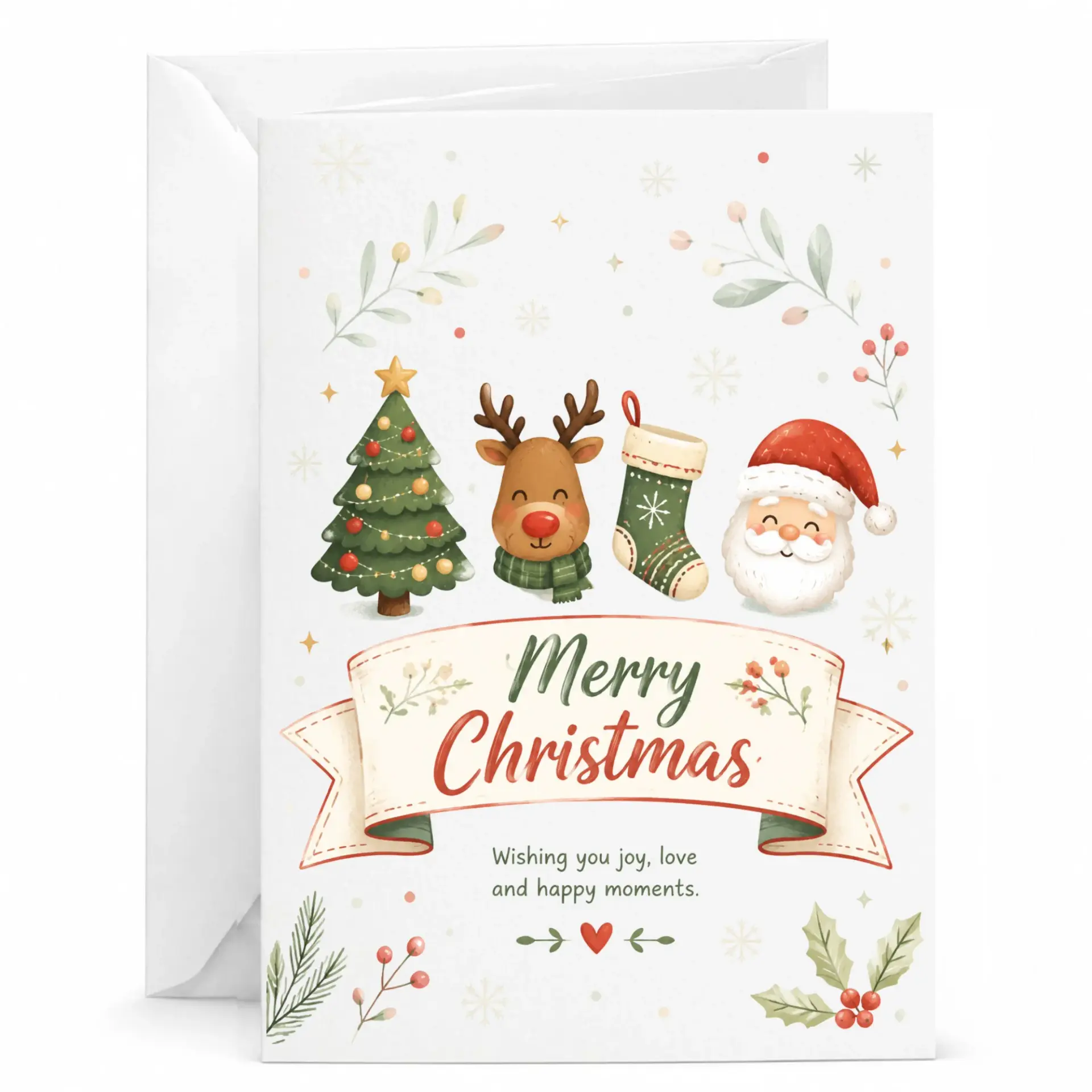 Merry Christmas Greeting Card Featuring Cute Holiday Reindeer and Santa Festive Seasonal Stationery for Warm Wishes
