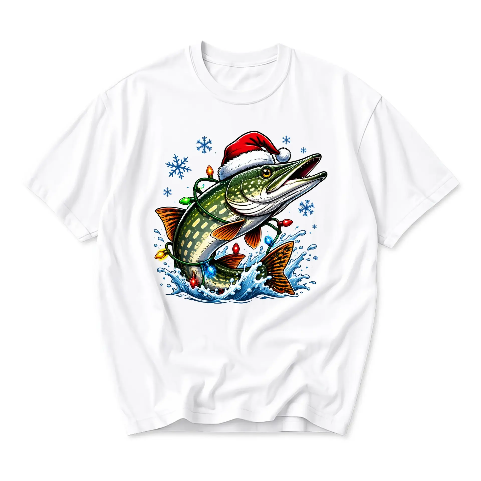 Graphic Tee Christmas Fishing Shirt Holiday Pike Fish Wearing Santa Hat