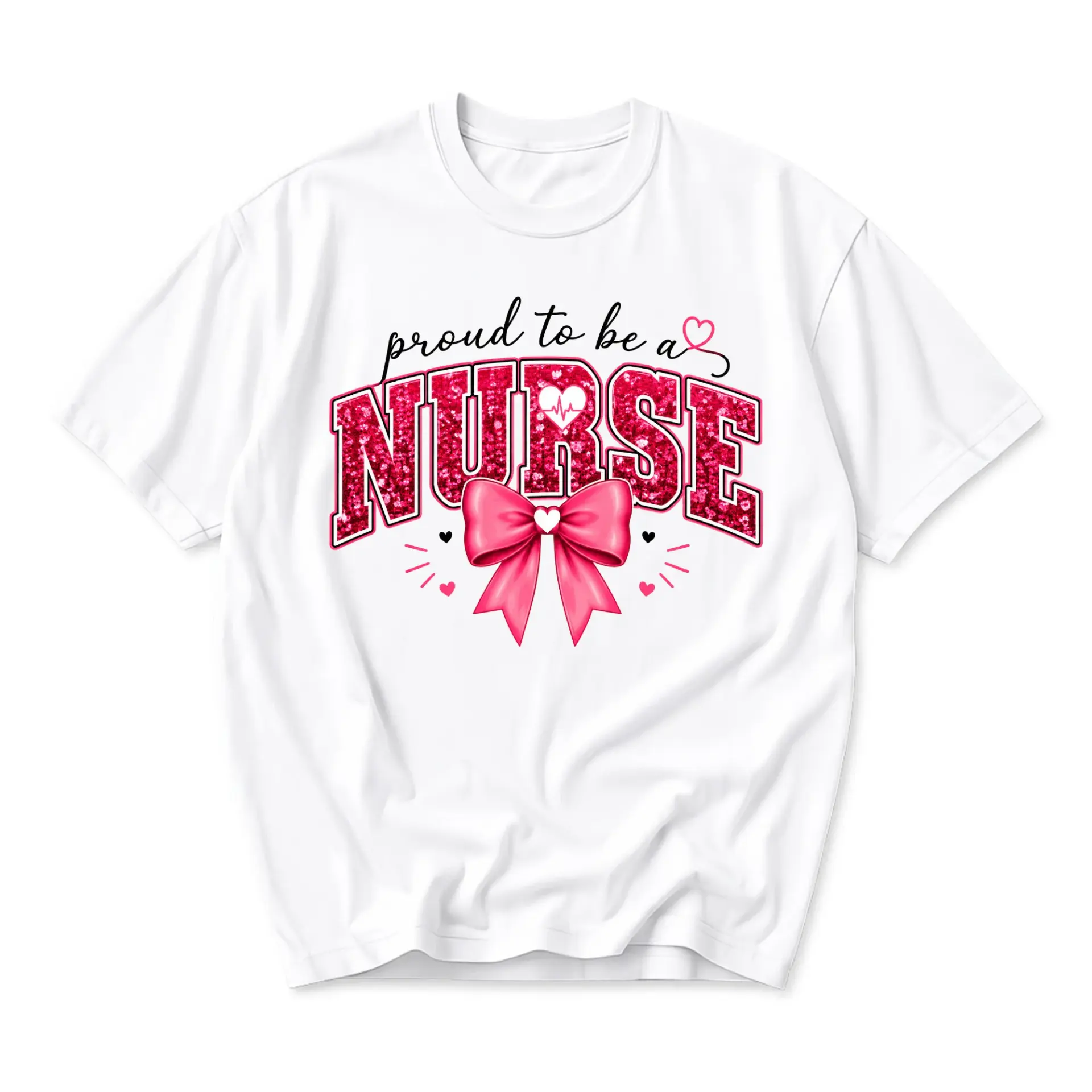 Graphic Tee Proud to Be a Nurse Shirt Pink Glitter Heart Stethoscope Design Unisex Casual Crew Neck Apparel White