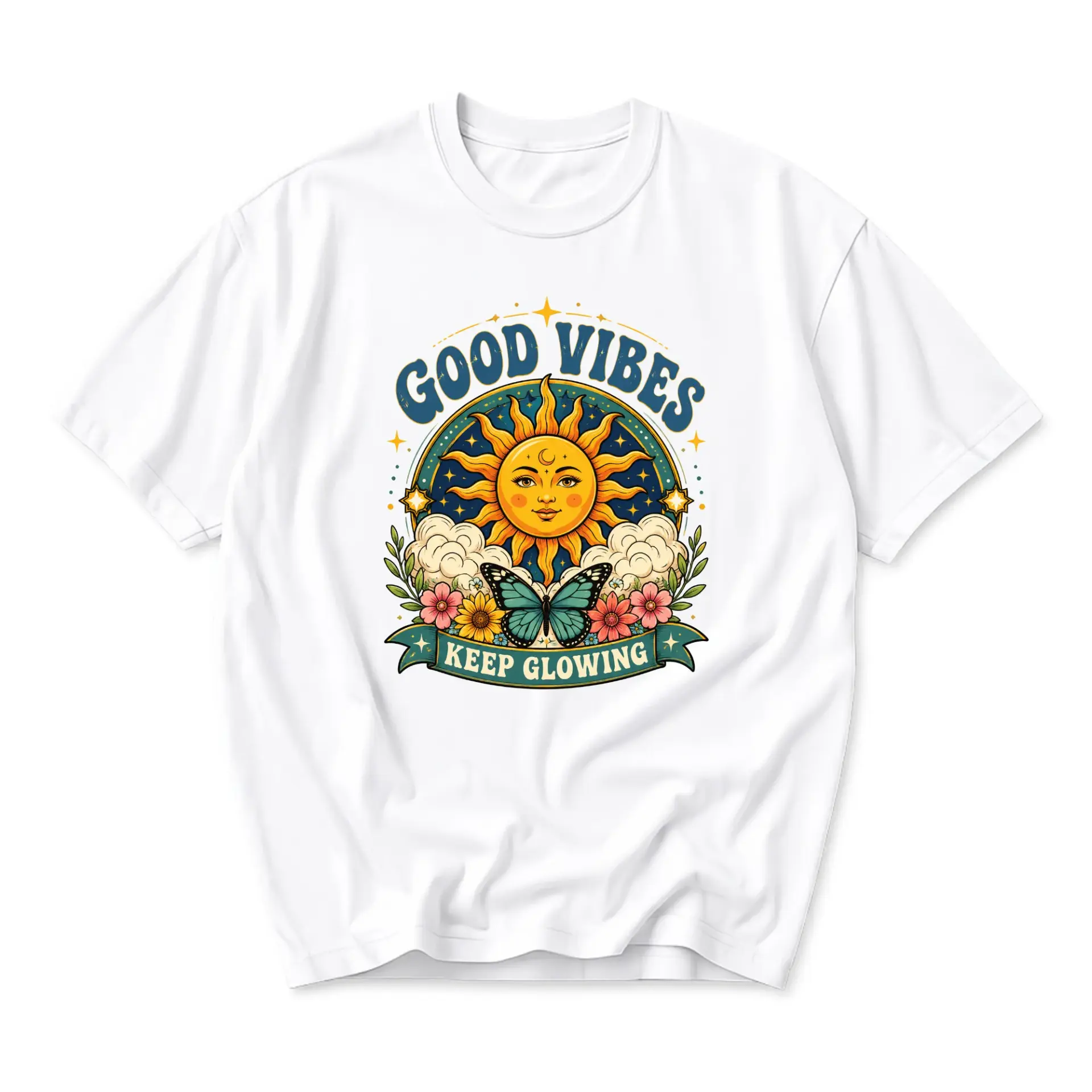 Graphic Tee Good Vibes Keep Glowing Sun Butterfly Print Unisex Crew Neck Casual Everyday Wear Soft Cotton Blend Shirt