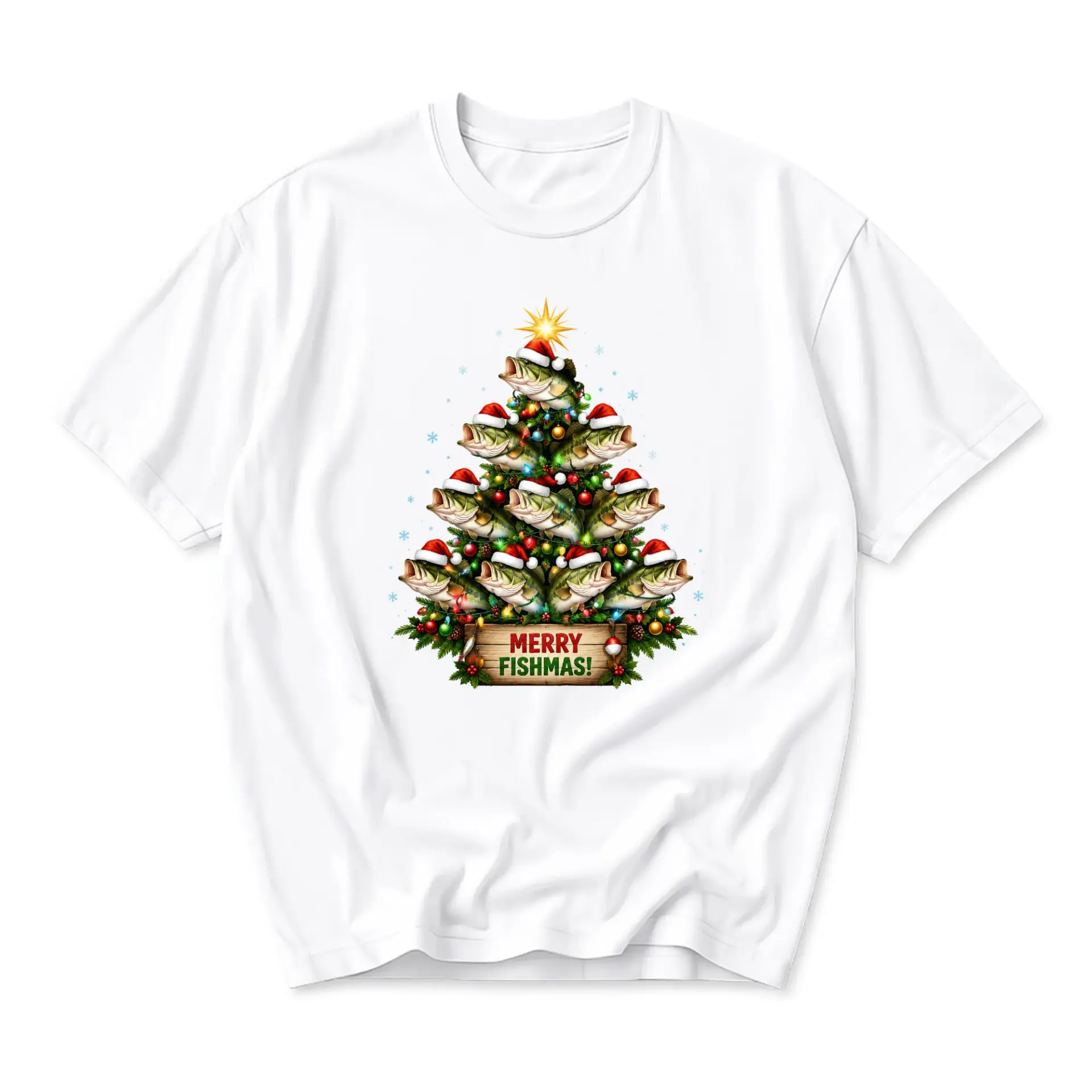 Funny Shirt Merry Fishmas Fishing Christmas Tree Graphic Tee Unisex Cotton Holiday Seasonal Apparel Gift