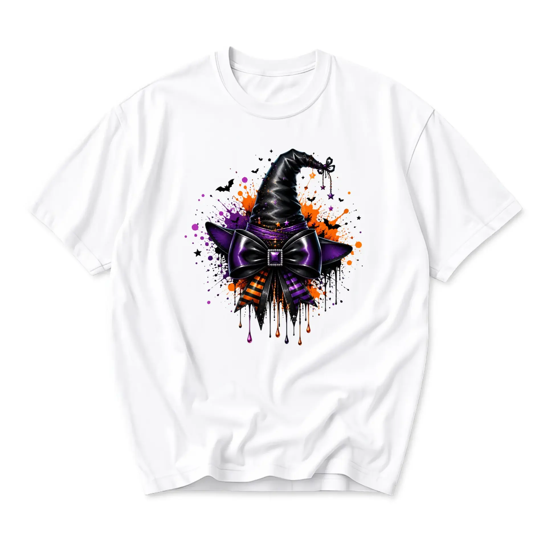 Graphic Tee Witch Hat with Purple Bow Print Unisex Crew Neck Casual Everyday Short Sleeve Shirt White Apparel