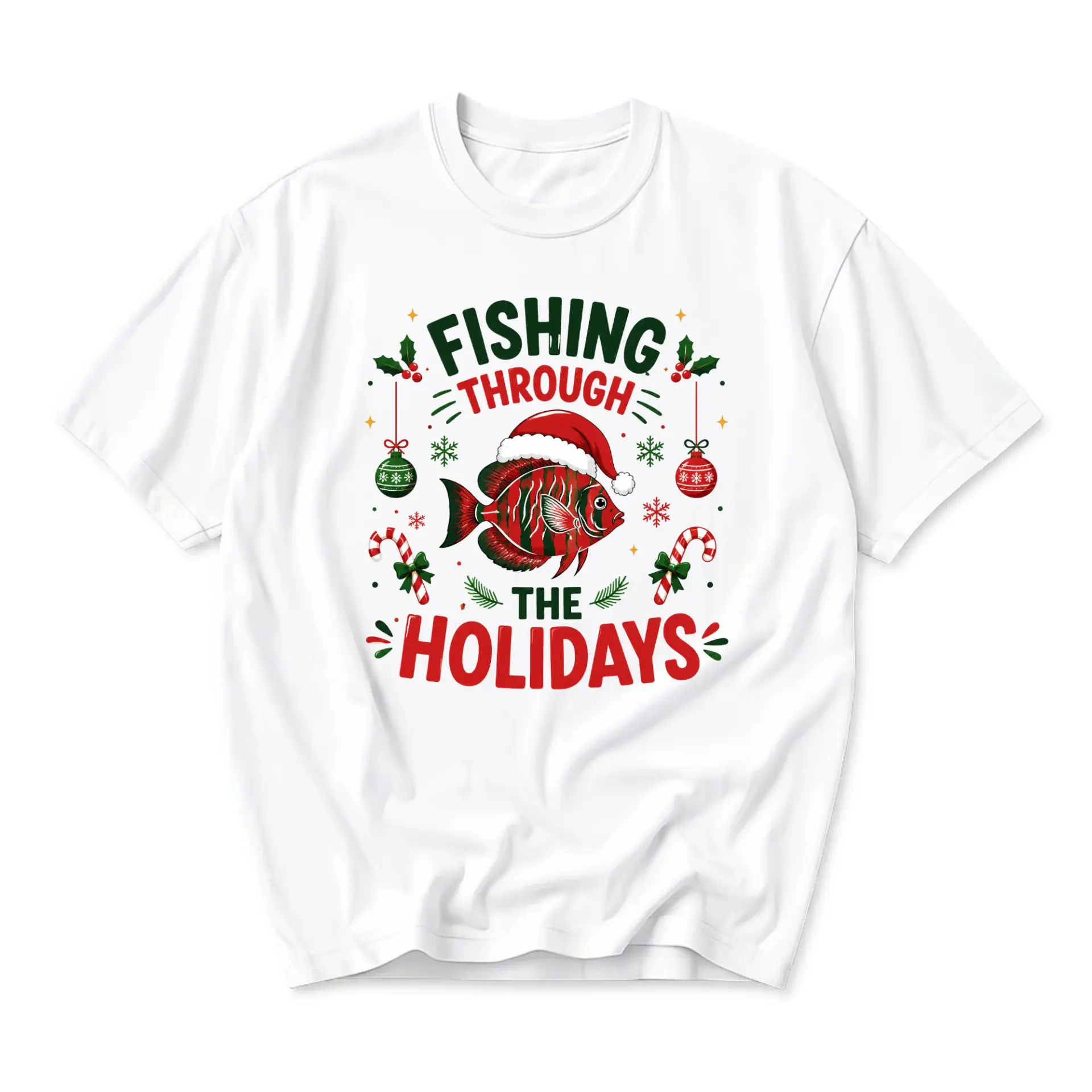 Funny Shirt Fishing Through the Holidays Christmas Graphic Tee Festive
