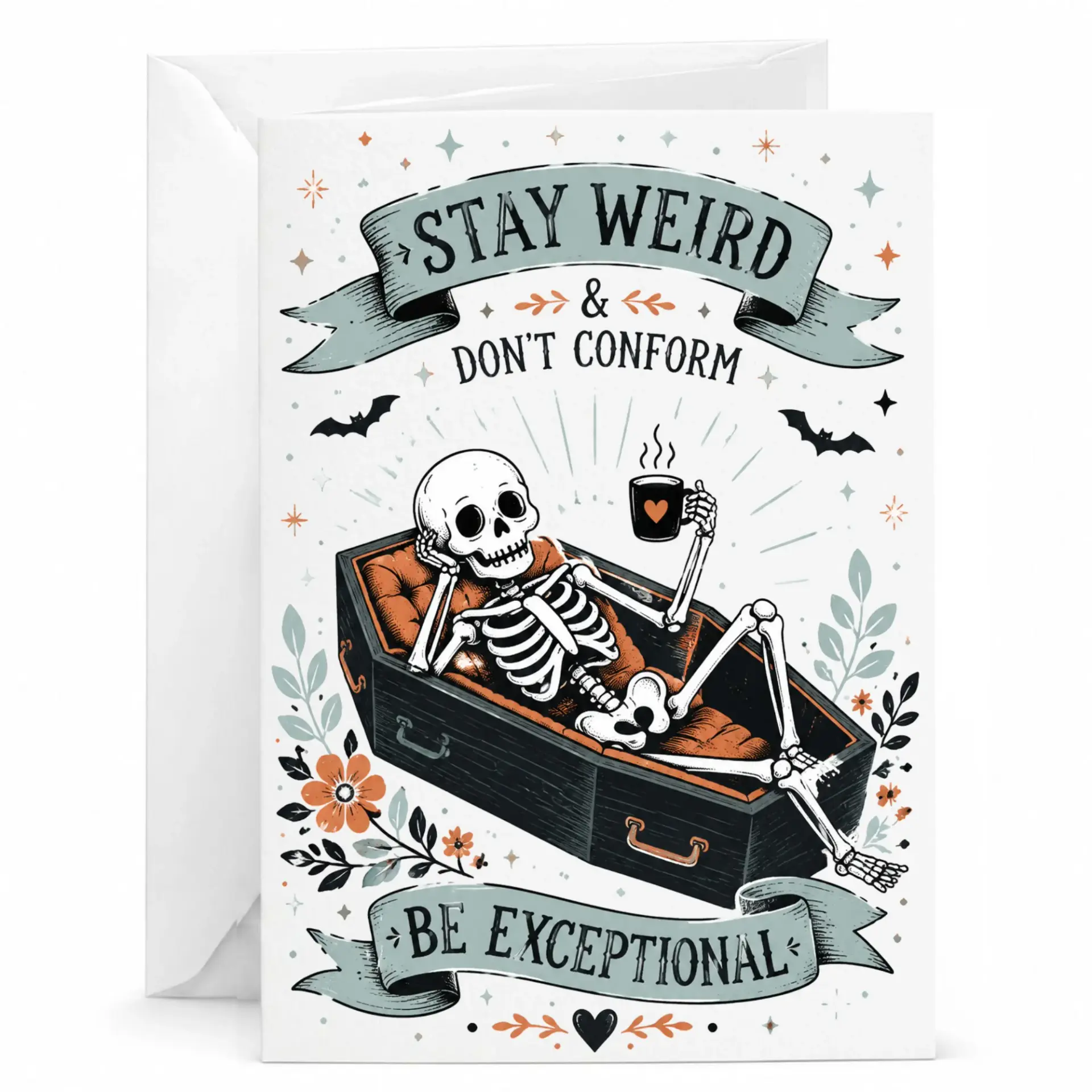 Funny Greeting Card Stay Don't Conform Be Exceptional Skeleton Coffee Design Premium Stationery for All Occasions