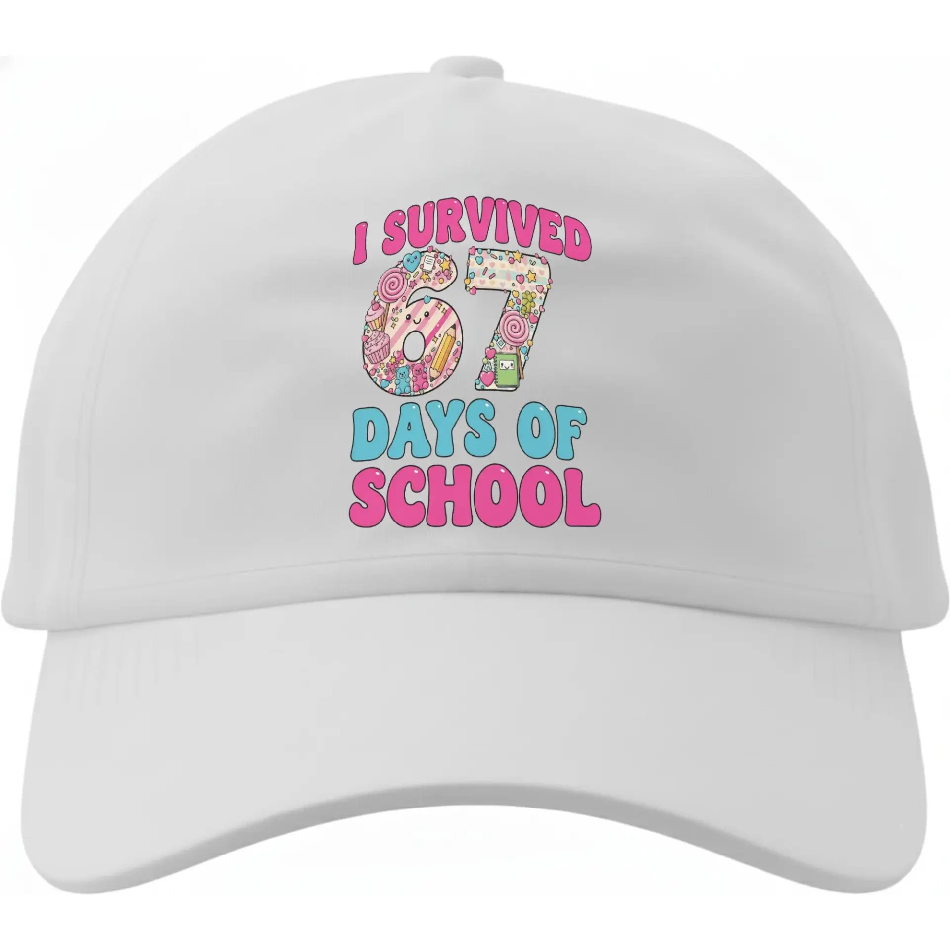 Baseball Cap I Survived 67 Days of School Graphic Hat Adjustable Cotton Blend Low Profile Crown Unisex Headwear White