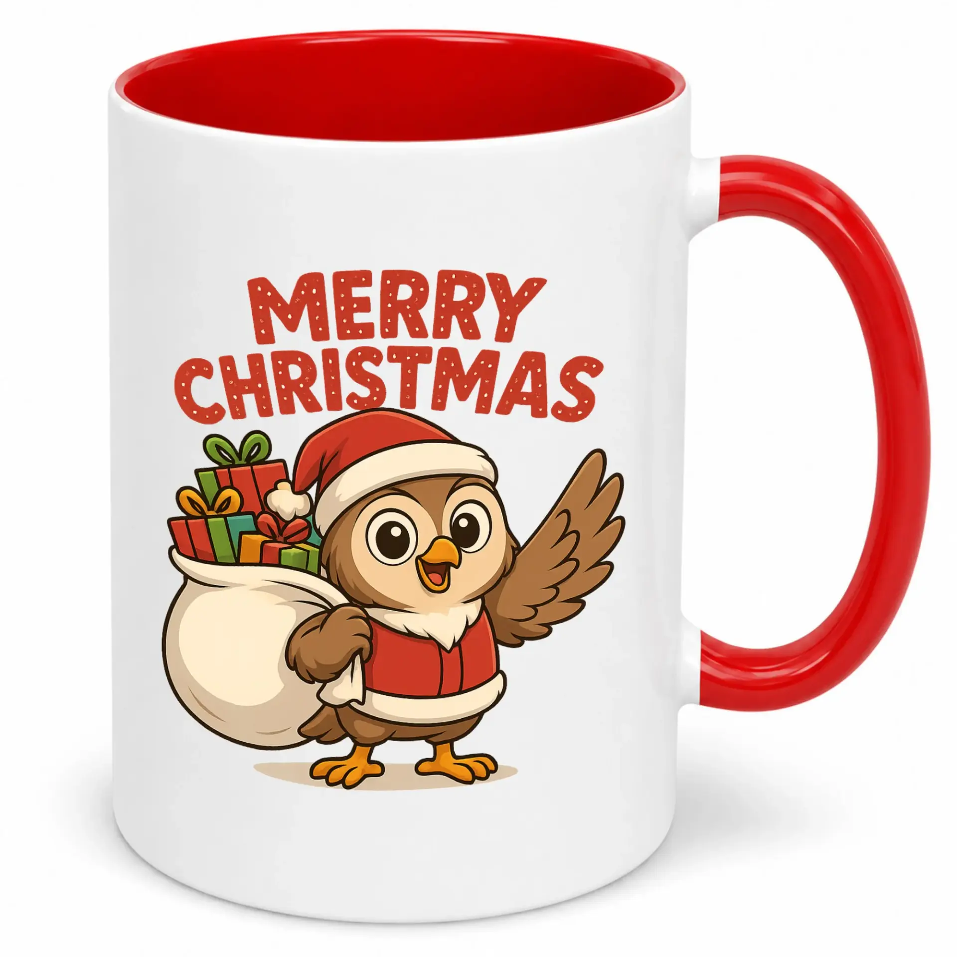 Christmas Coffee Mug with Cute Santa Owl and Gifts Design, Festive Merry Christmas Ceramic Beverage Cup, 11 Oz or 15 Oz Holiday Drinkware