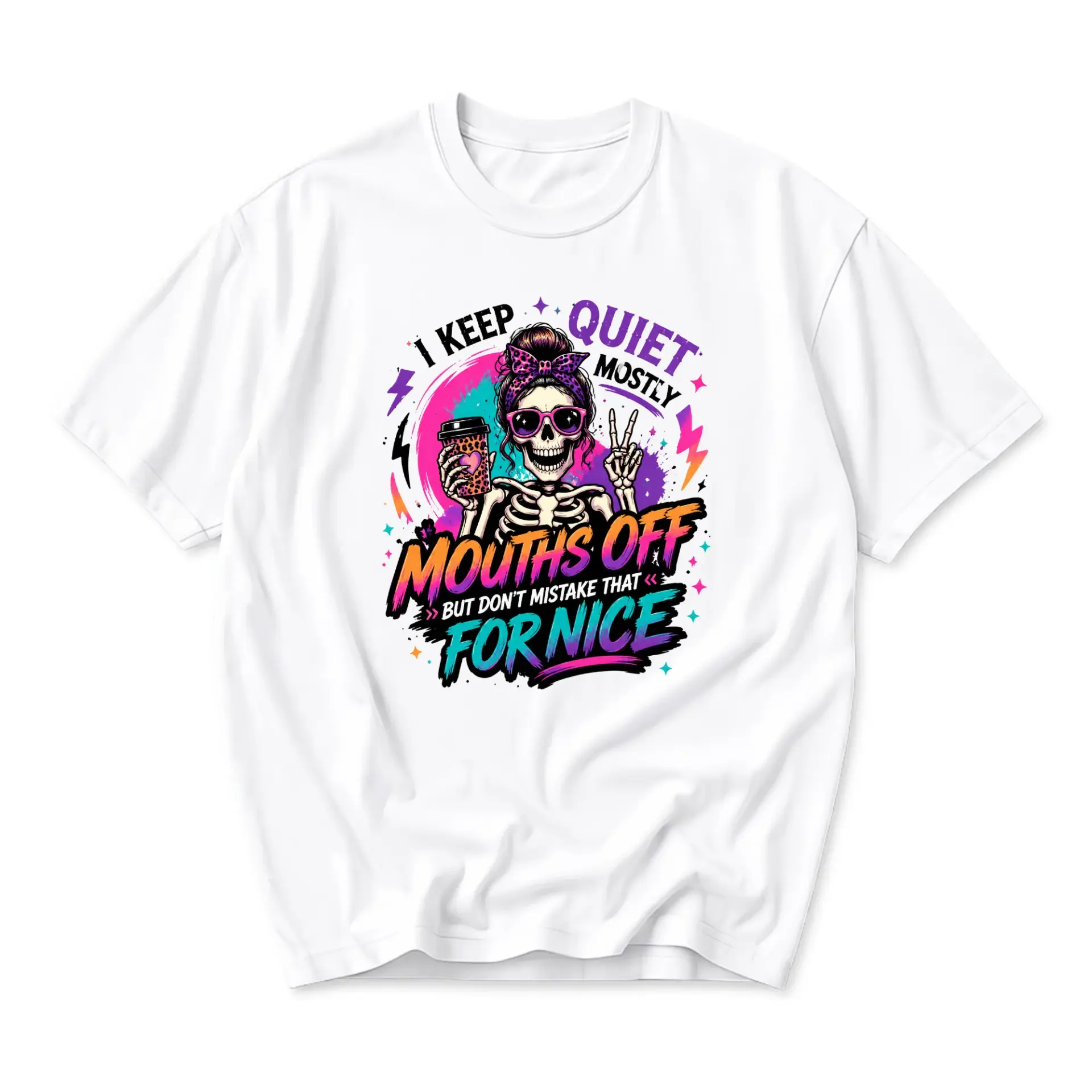 Funny Shirt Unisex Graphic Printed T-Shirt Featuring Skeleton Holding Coffee Cup and Sarcastic Slogan Graphic Apparel