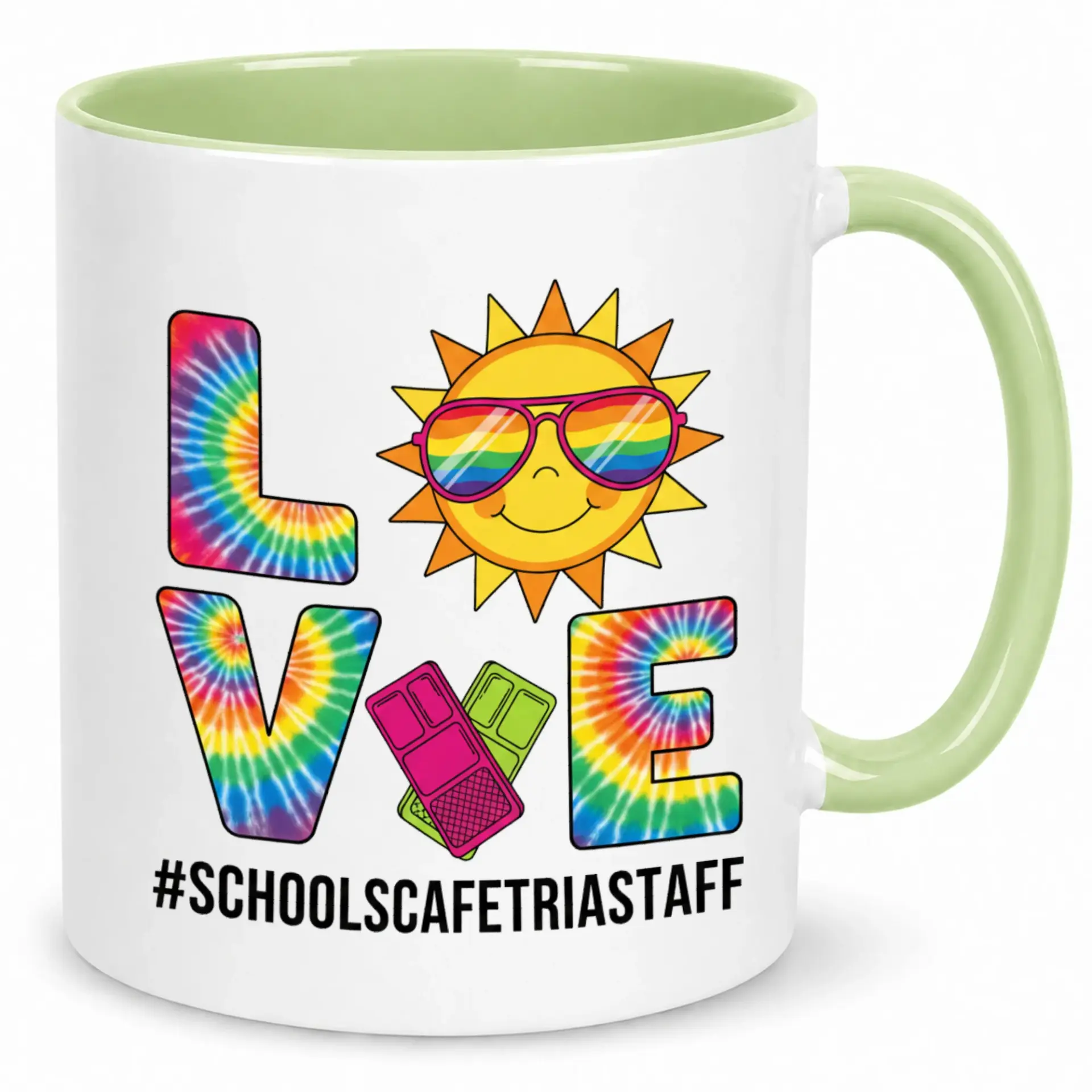 Funny School Cafeteria Staff Coffee Mug, Vibrant Tie-Dye Love Design with Happy Sun and Lunch Trays, Durable Ceramic Cup for Appreciation Gift, 11 Oz